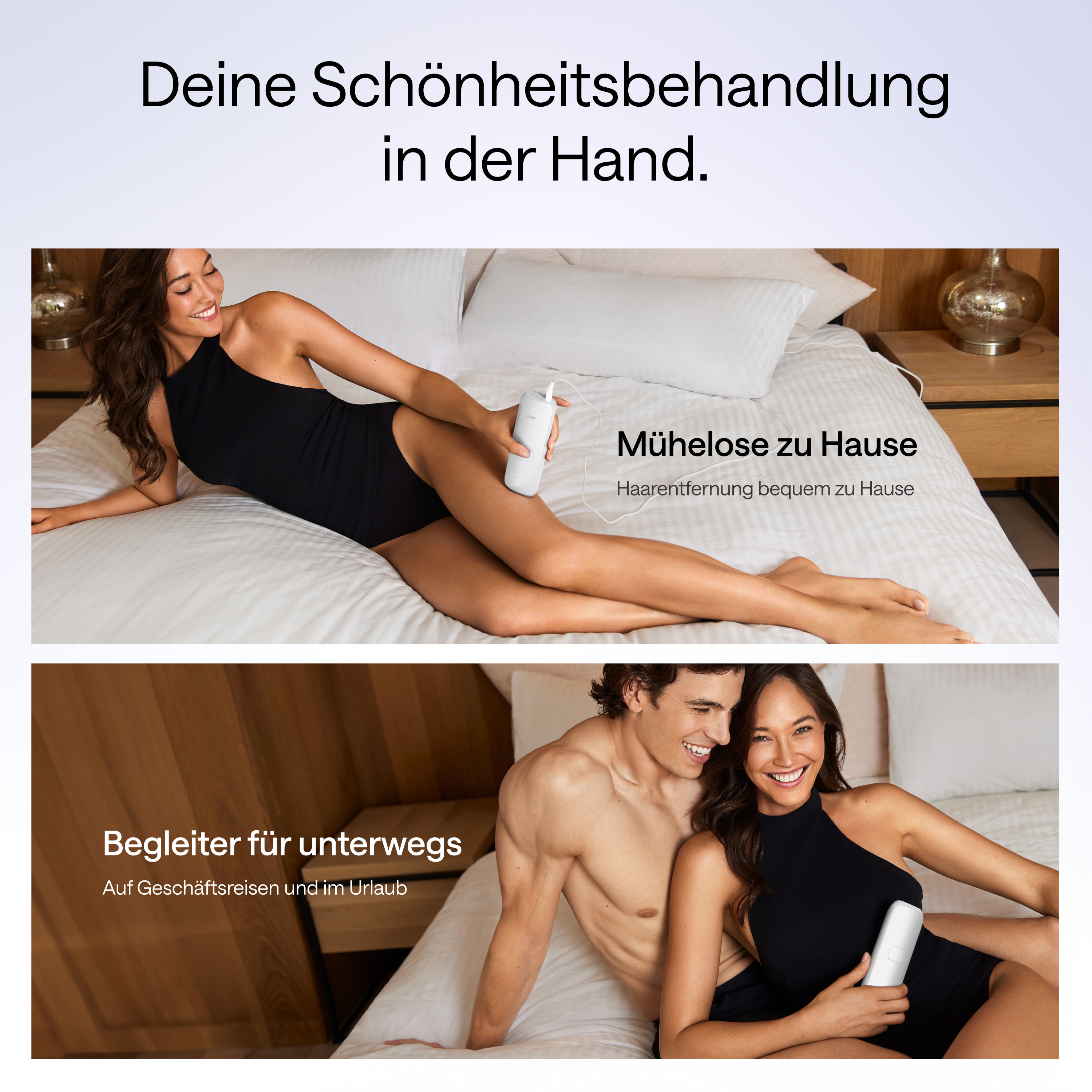 Das Bild zeigt Personen, die ein Gerät benutzen. Text sagt: 'Schönheitsbehandlung in Ihrer Hand' und 'Begleiter für unterwegs'.