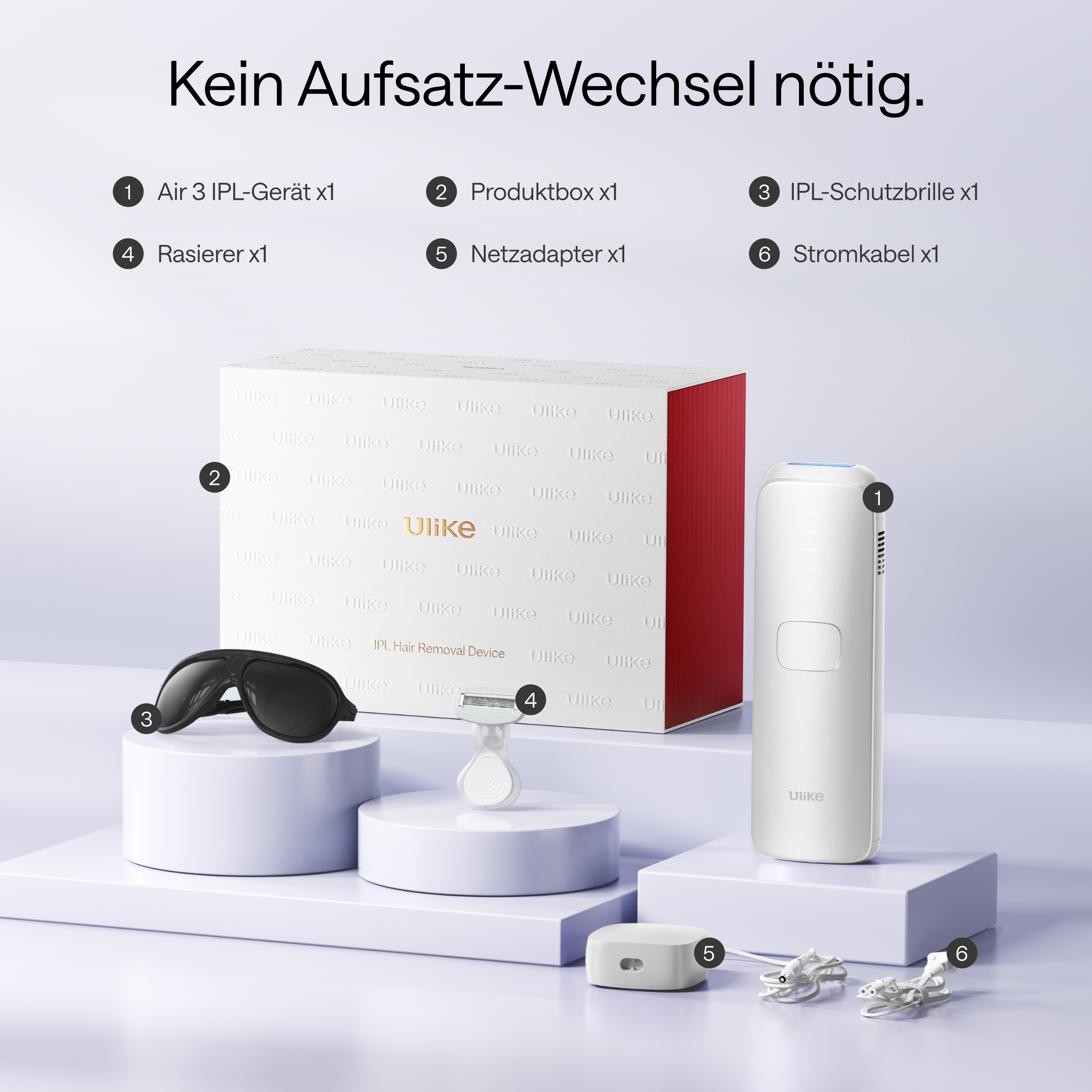Ein weißes IPL-Haarentfernungsgerät, eine Box, eine Brille, ein Rasierer, ein Adapter und ein Kabel auf einer weißen und lila Oberfläche.
