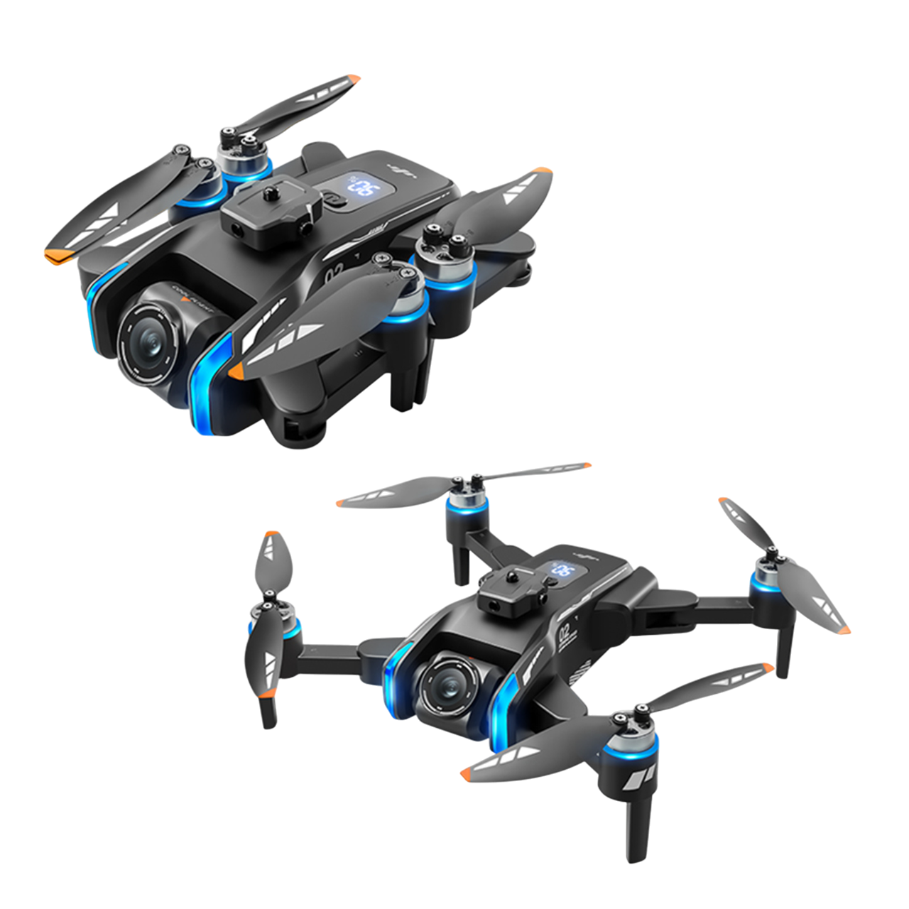 Zwei schwarze Drohnen mit blauen und orangen Akzenten. Propeller sind angebracht. Der Hintergrund ist schwarz.
