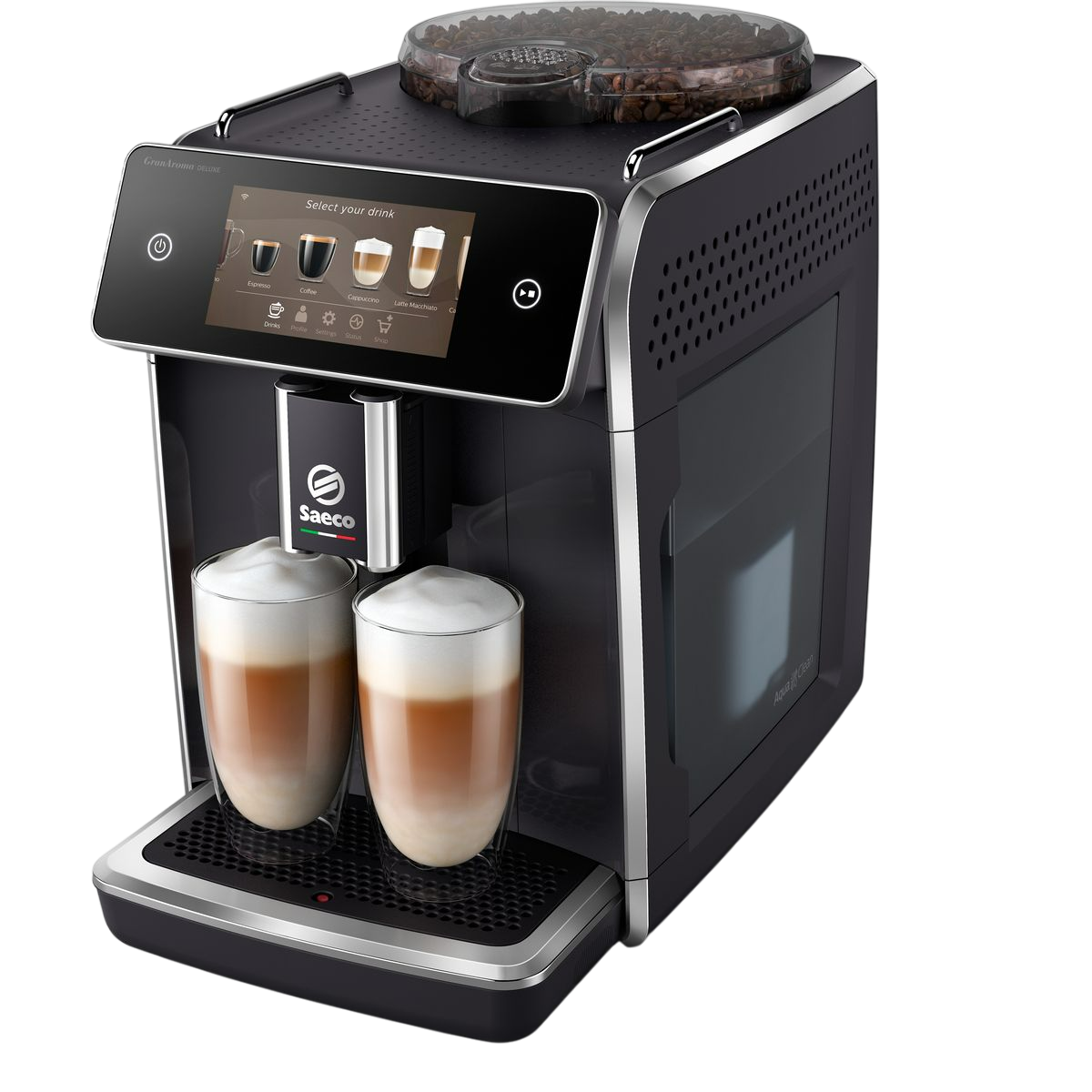 Eine schwarze Saeco-Kaffeemaschine mit zwei Gläsern Latte Macchiato. Die Maschine hat einen Touchscreen und einen Bohnenbehälter.