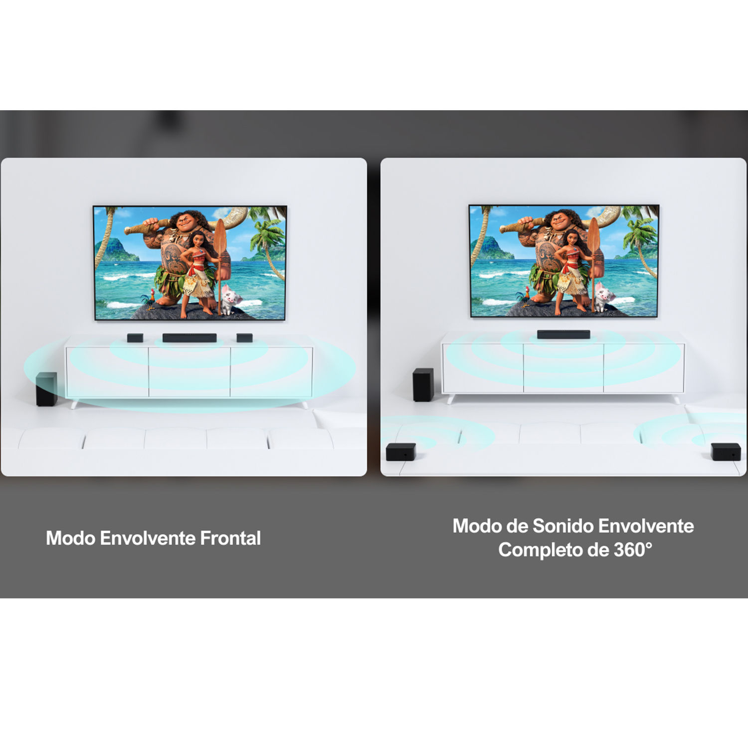 Dos configuraciones con un televisor con imagen de Moana, altavoces y un gabinete blanco. Los textos describen modos de sonido.