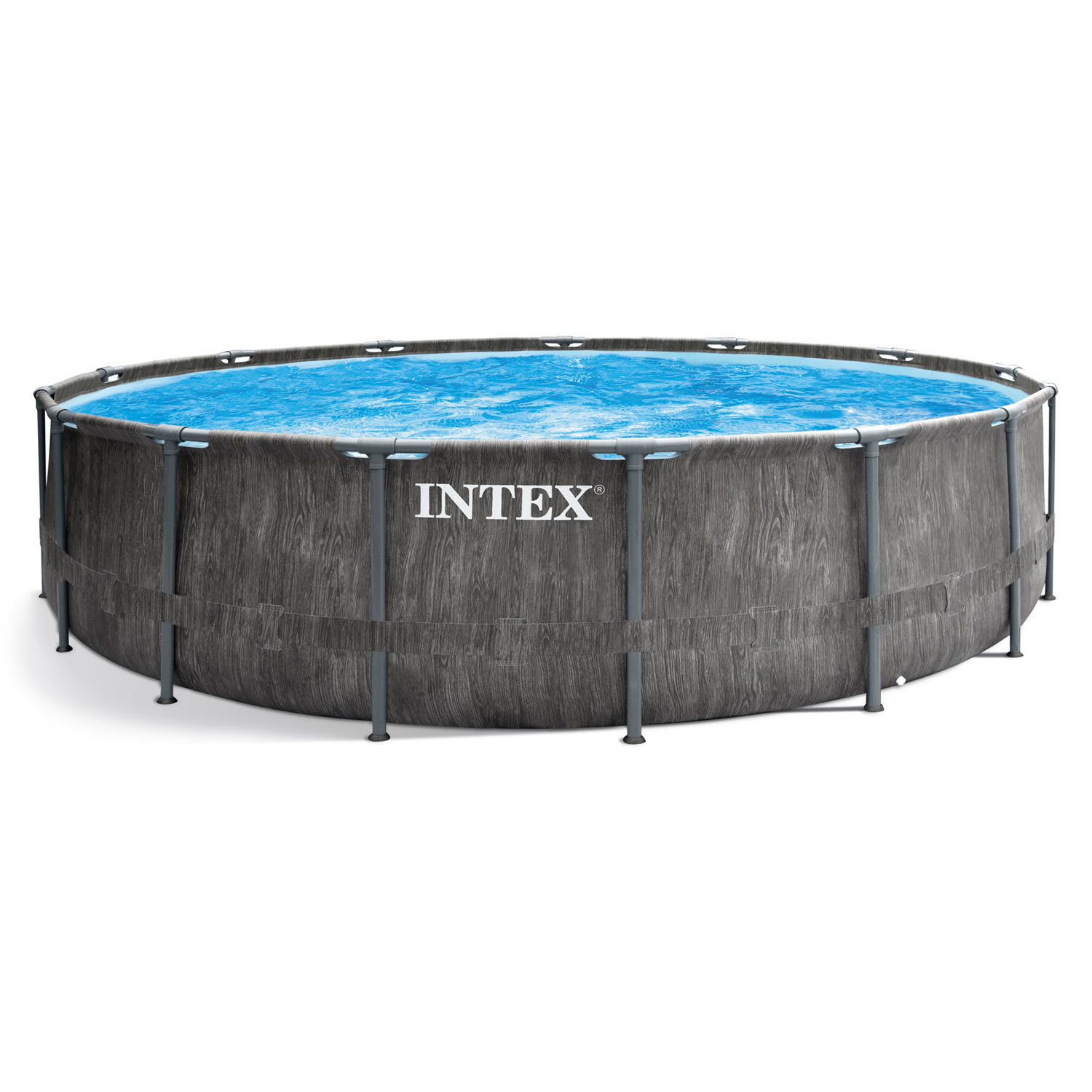 Okrągły basen naziemny z bokami imitującymi drewno i niebieską wodą. Widoczna jest nazwa marki INTEX.