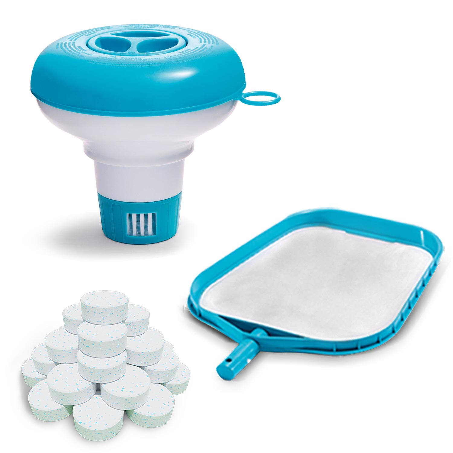 Dozownik chemii basenowej, skimmer i tabletki chloru na białej powierzchni. Dozownik jest niebiesko-biały.