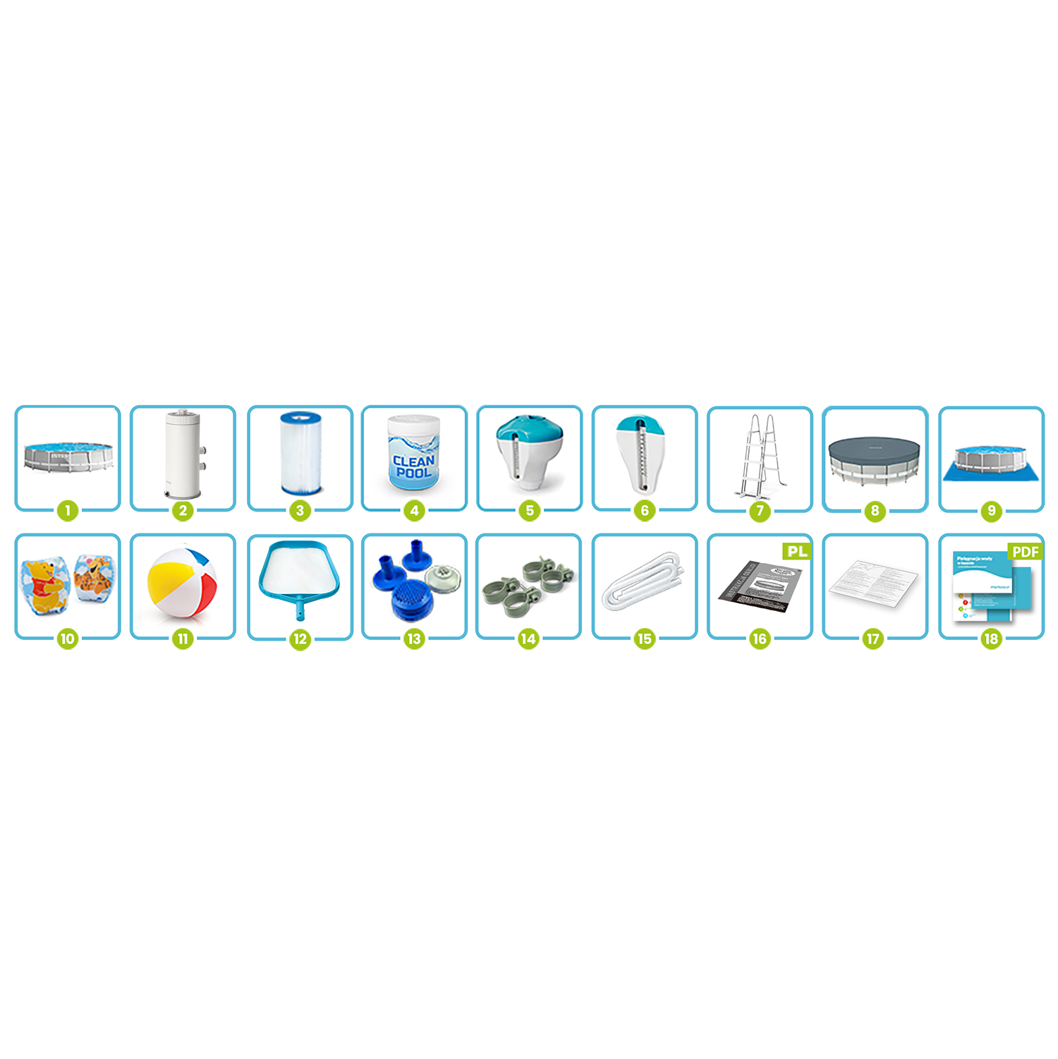 Obraz przedstawia akcesoria do basenu, w tym basen, filtr, środek czyszczący, drabinę, piłkę, siatkę i instrukcje. Różne przedmioty są ponumerowane.