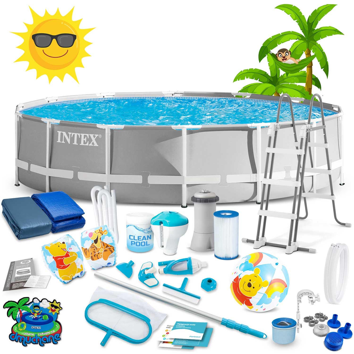 Zestaw basenowy z akcesoriami. Zawiera basen, drabinę, słońce, palmy i różne przedmioty do czyszczenia i konserwacji.
