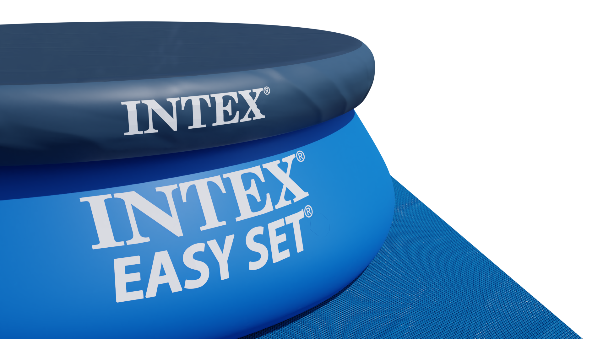 Zbliżenie niebieskiego i granatowego basenu Intex Easy Set. Logo Intex i Easy Set są widoczne na biało.