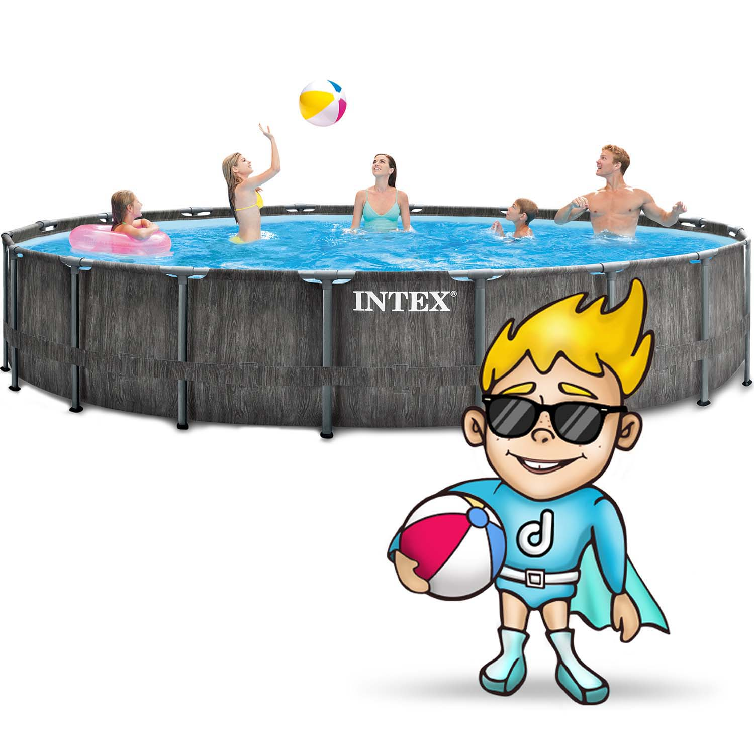 Ludzie w basenie, rzucający piłkę. Postać z kreskówki w okularach przeciwsłonecznych jest na pierwszym planie, trzymając piłkę.