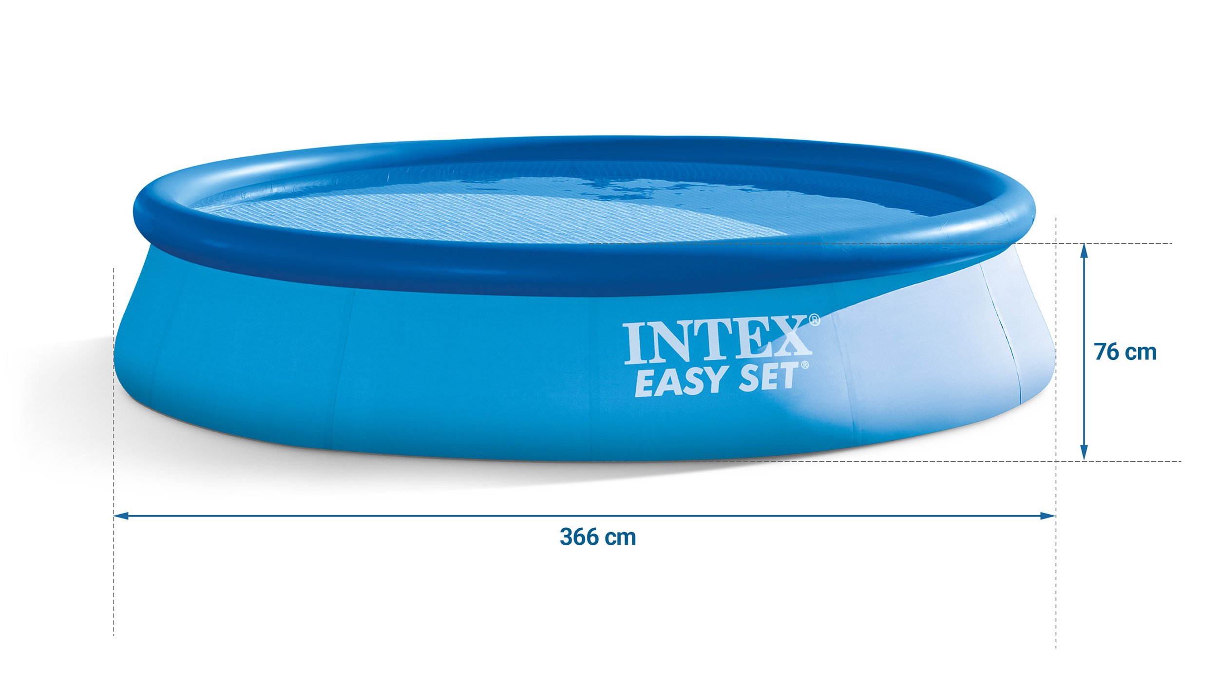 Niebieski basen Intex Easy Set. Jest okrągły i wypełniony wodą. Wymiary: 366 cm średnicy i 76 cm wysokości.