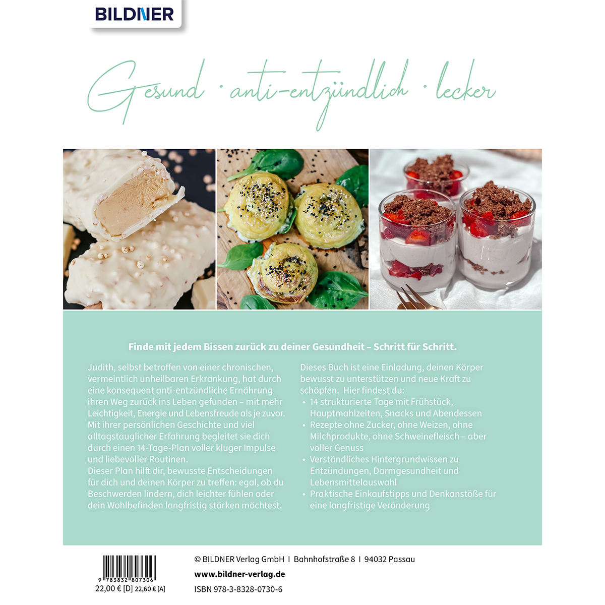 Buchcover mit Essensfotos: Eis, Gebäck und Schichtdessert. Text: Finde den Weg zurück zur Gesundheit.