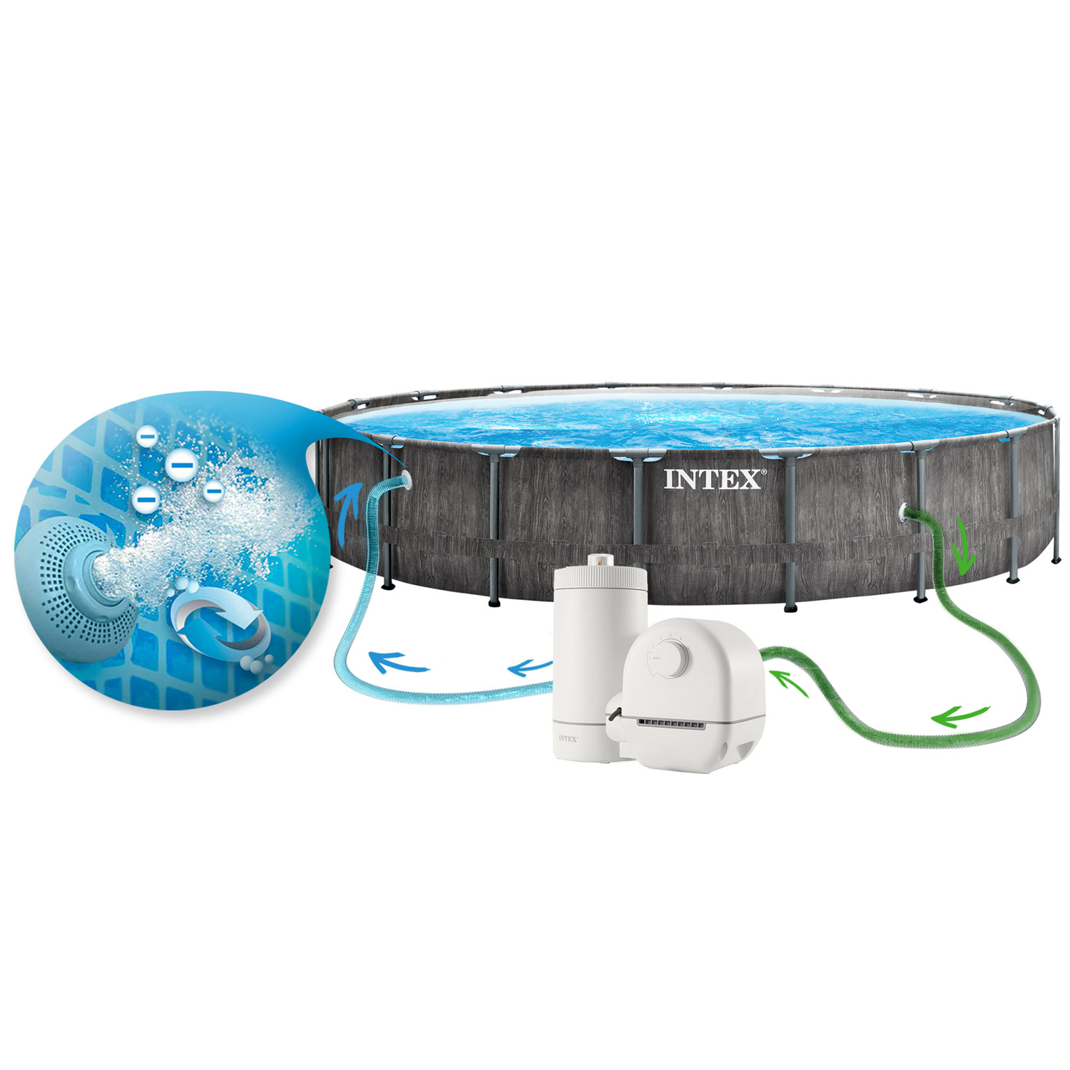 Schemat basenu naziemnego Intex z systemem cyrkulacji wody, w tym pompa, filtr i węże, ze strzałkami.