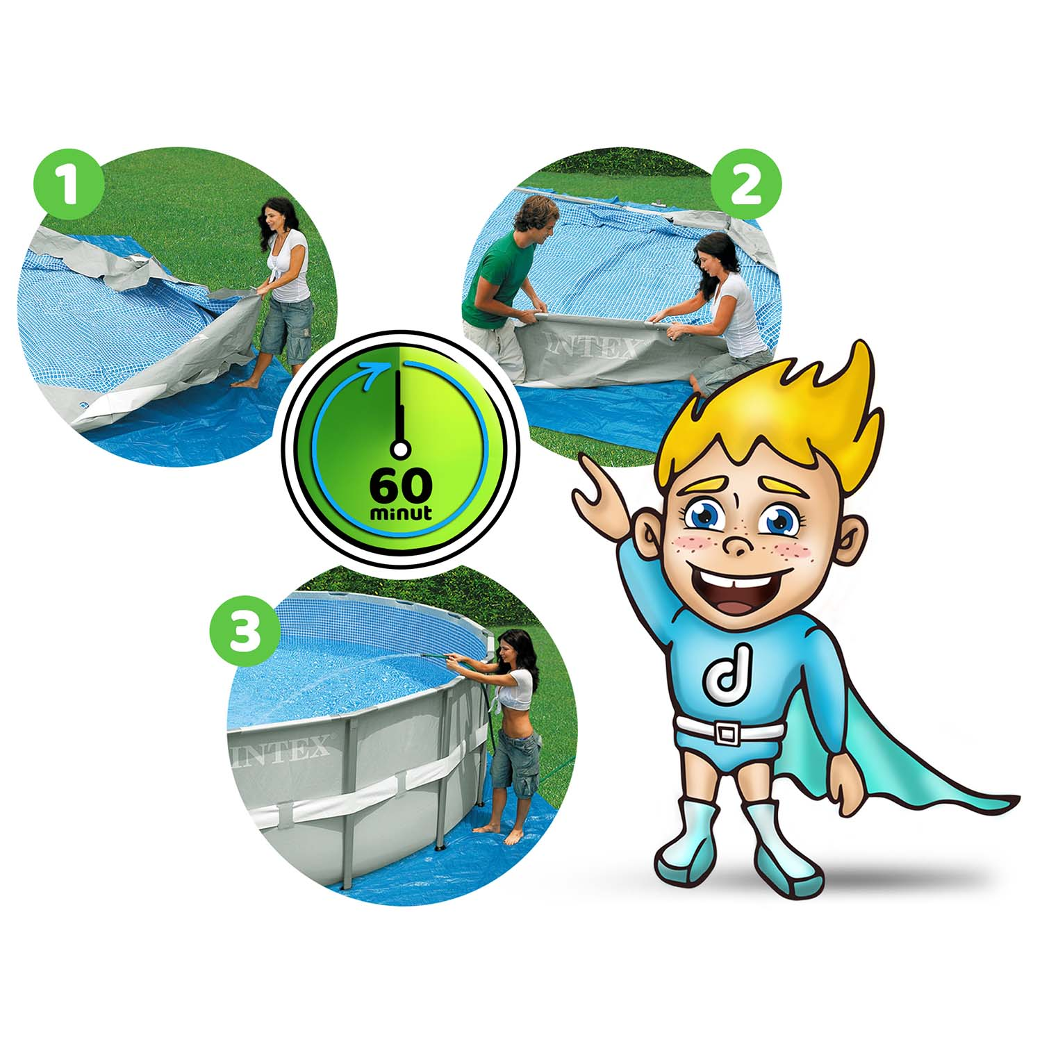 Obrazek przedstawia montaż basenu. Ludzie pracują nad basenem, a kreskówkowy superbohater wskazuje na basen.