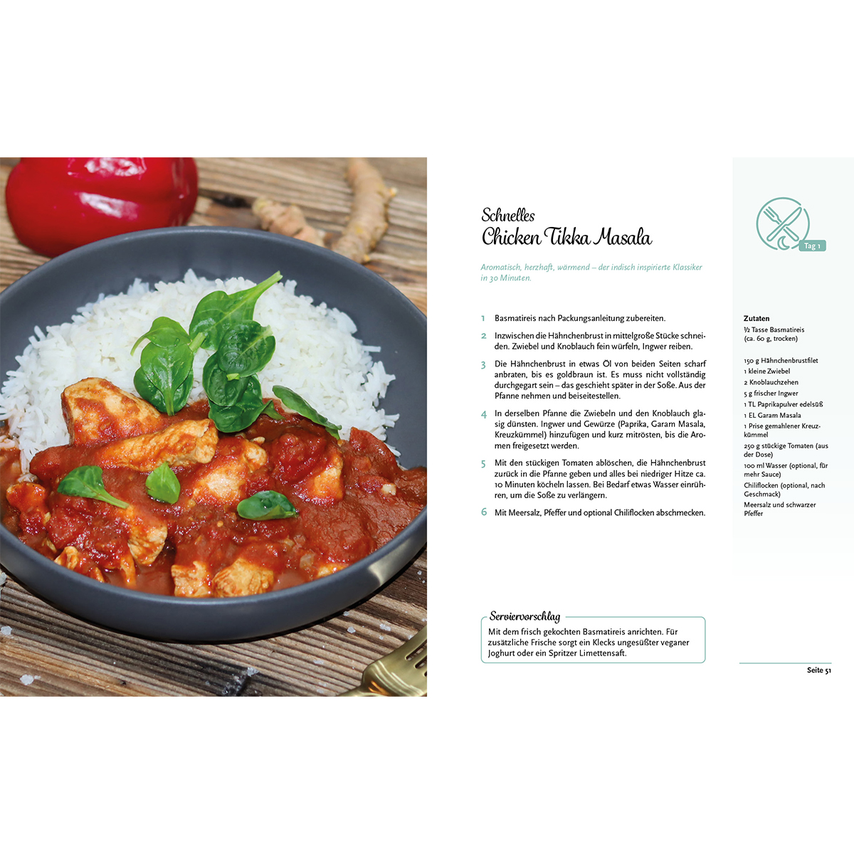 Chicken Tikka Masala mit Reis in einer Schüssel, mit Textbeschreibung und Zutaten rechts.