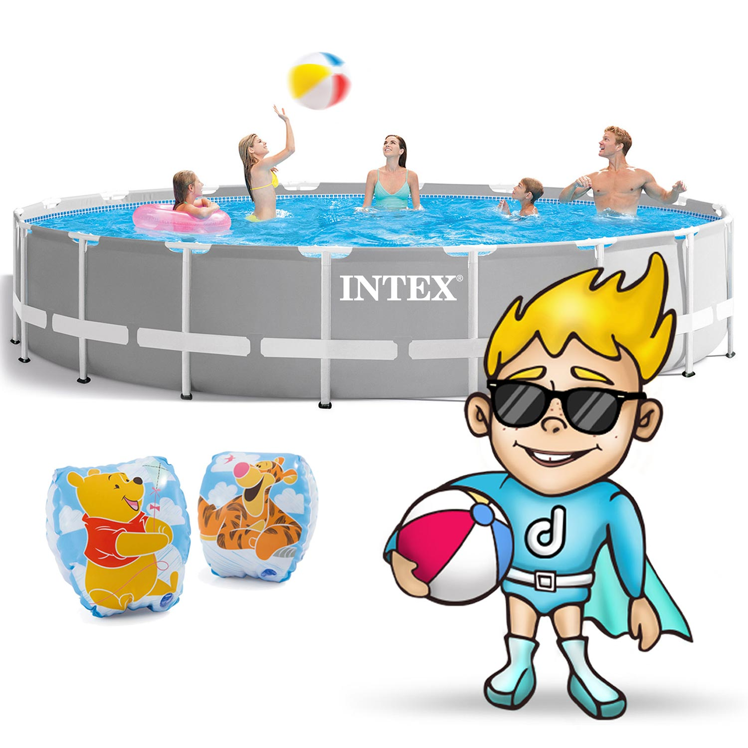 Ludzie w basenie, rzucający piłką. Postać z kreskówki w okularach przeciwsłonecznych. Rękawki z Kubusiem Puchatkiem i Tygrysem.
