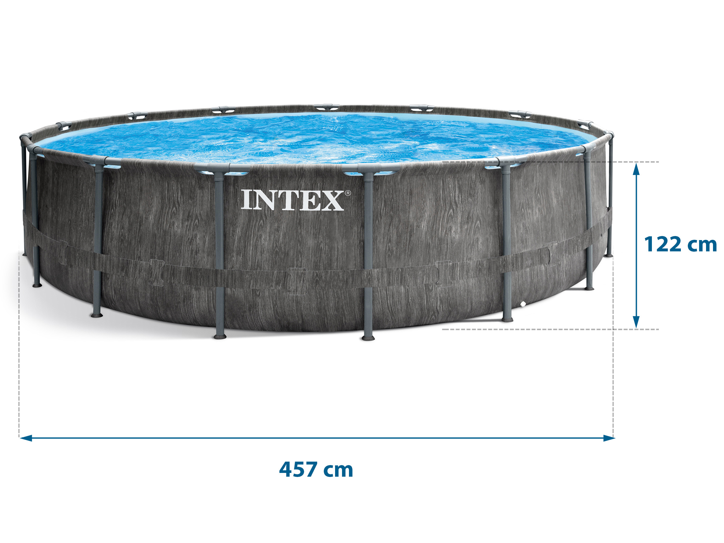 Okrągły basen naziemny, boki drewnopodobne. Niebieska woda. 457cm x 122cm. Marka Intex.