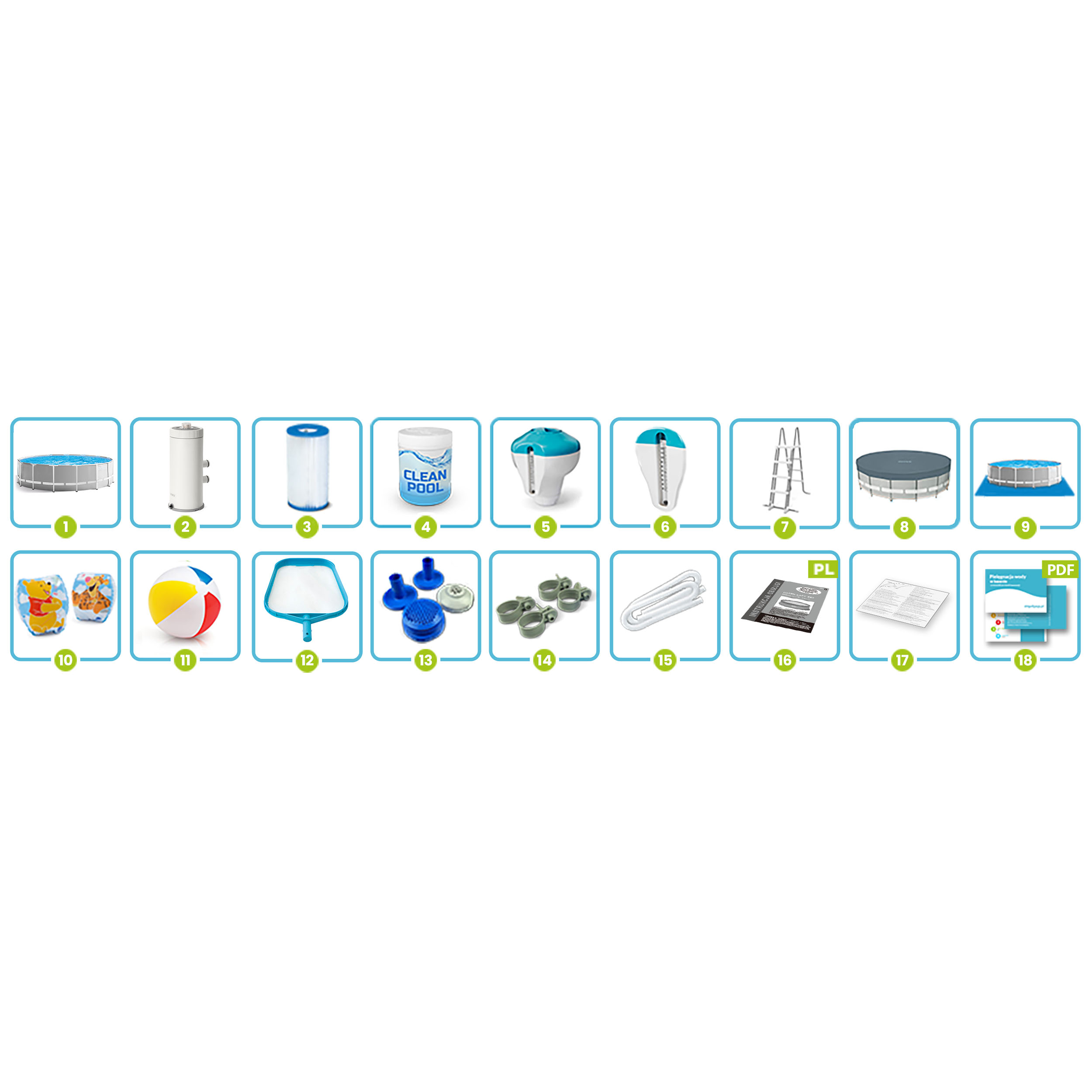 Obraz przedstawia różne akcesoria basenowe: filtry, chemikalia, basen, drabina, osłona, opaski na ramiona, piłka, siatka i więcej.