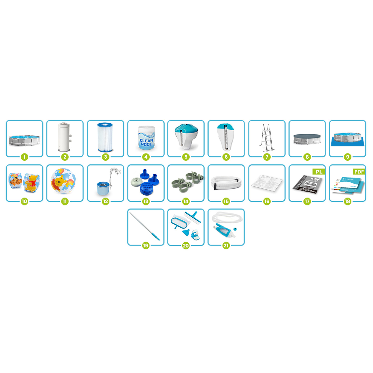 Kolekcja przedmiotów związanych z basenem. Obejmuje filtry basenowe, środek czyszczący, drabinę, basen, zestaw do czyszczenia i inne.