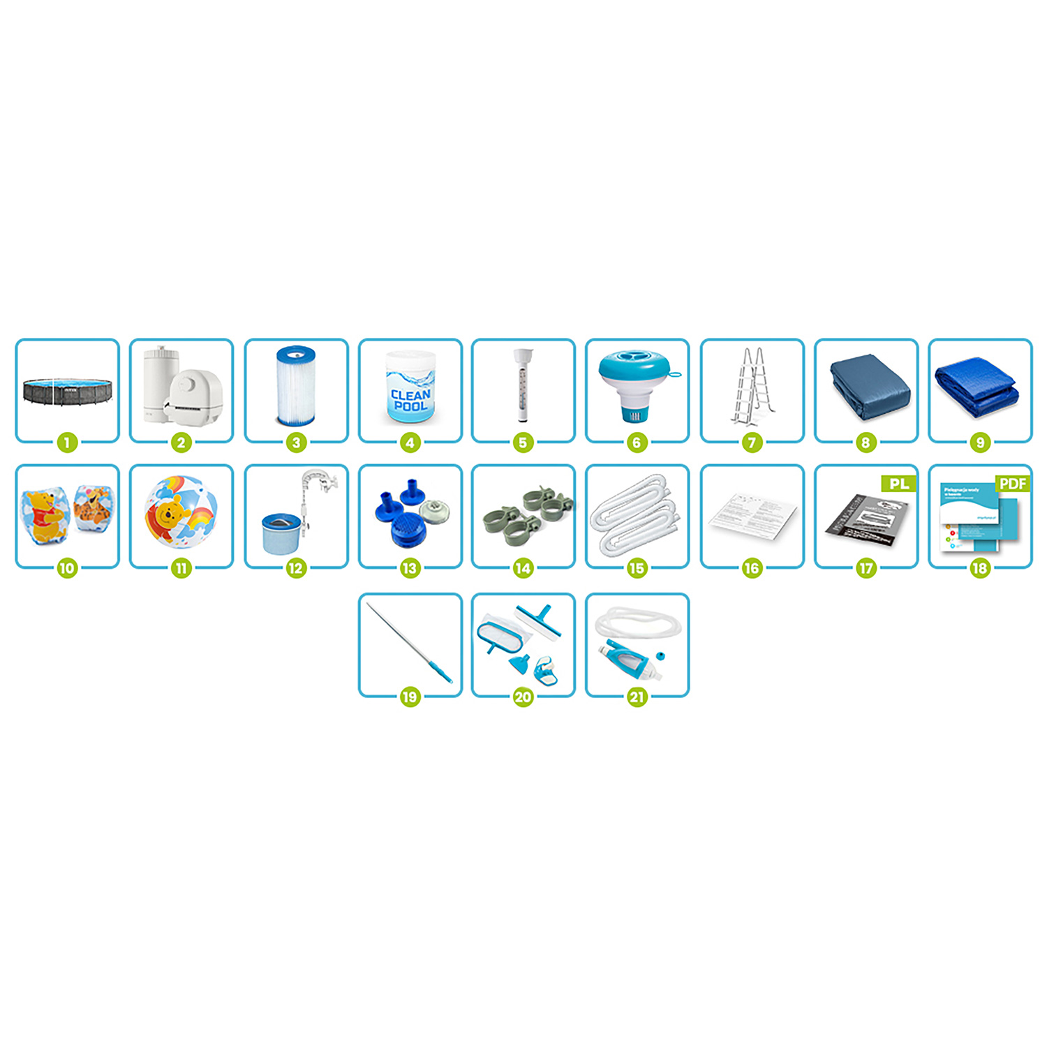 Obraz przedstawia akcesoria basenowe, w tym basen, filtr, chemikalia, termometr, pływak, drabinkę, pokrowce, zabawki i narzędzia do czyszczenia.