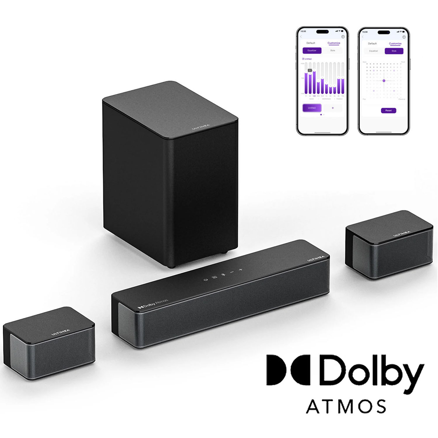 Czarny system dźwiękowy z subwooferem, soundbarem, dwoma głośnikami i dwoma ekranami telefonu wyświetlającymi ustawienia equalizera. Logo Dolby Atmos.
