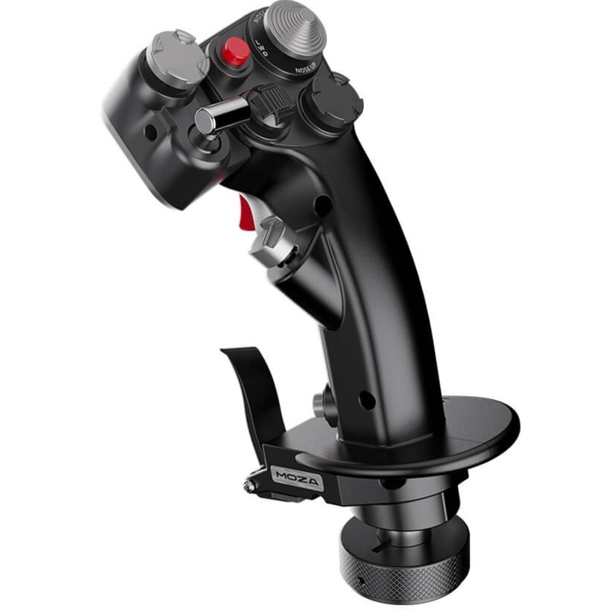 Een zwarte MOZA joystick. Het heeft knoppen, een rode trekker en een zilveren basis. Het staat op een witte achtergrond.