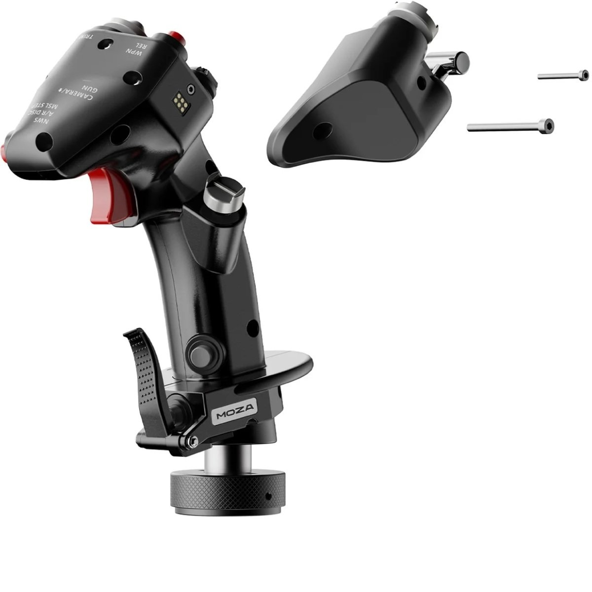 Zwarte flight stick met rode knop, MOZA-logo en afneembare onderdelen. Inclusief schroeven en basis voor montage.