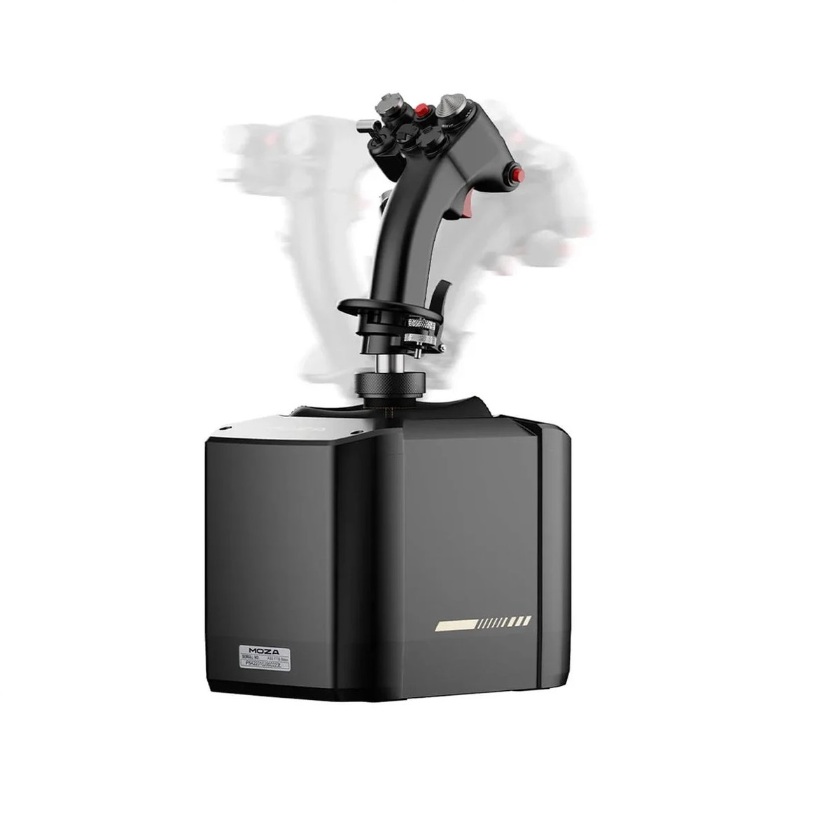 Een zwarte joystick voor simulatiegames, met meerdere knoppen en schakelaars. Hij heeft een basis en een handvat met een rode knop.