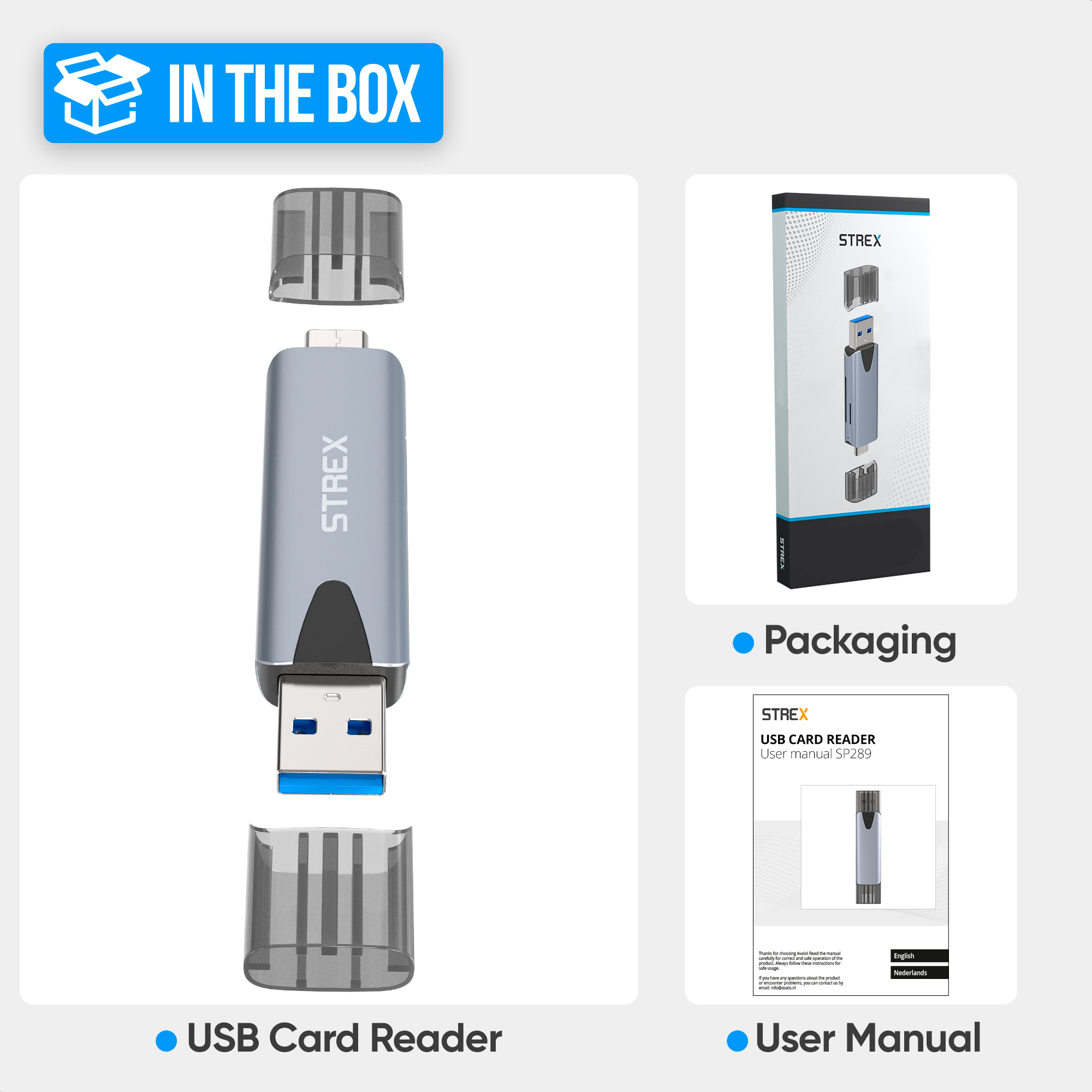 Image shows a USB card reader, packaging, and user manual. The reader is gray with a blue USB port. The box shows the reader.
