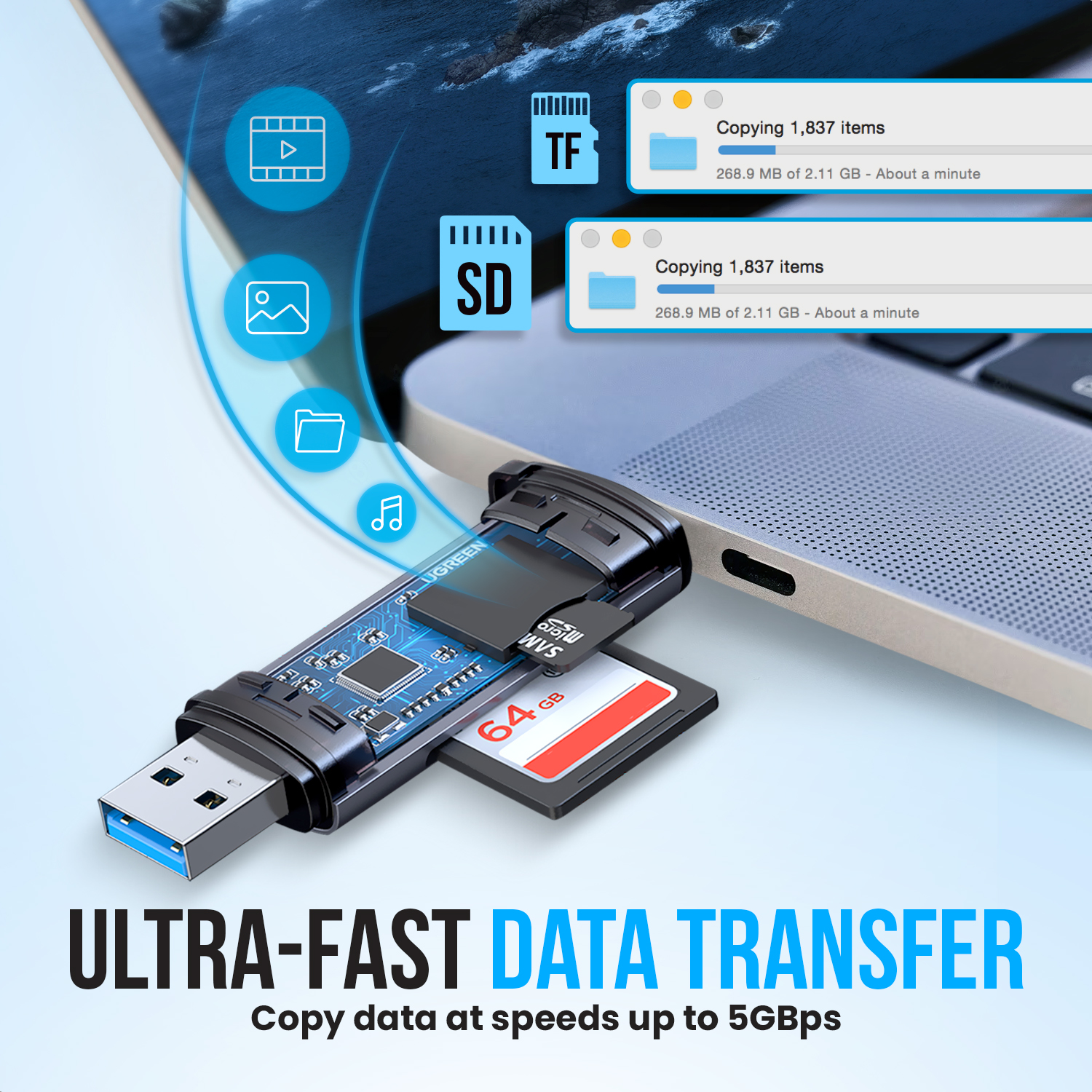 USB drive with a TF and SD card. Copying files on a laptop. Text says 'Ultra-Fast Data Transfer'.