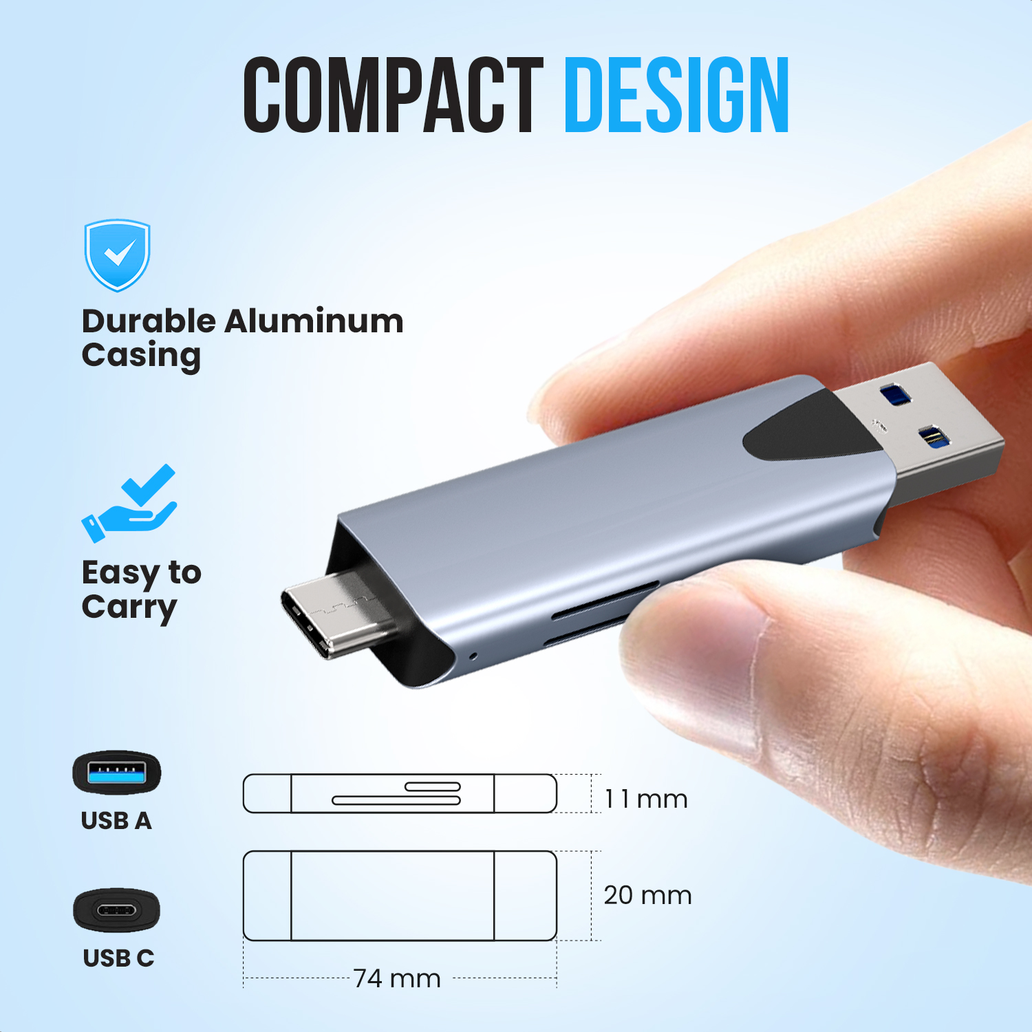 A hand holding a silver USB drive. Text reads: Durable Aluminum Casing, Easy to Carry. Drawings show USB A and C ports, and dimensions.