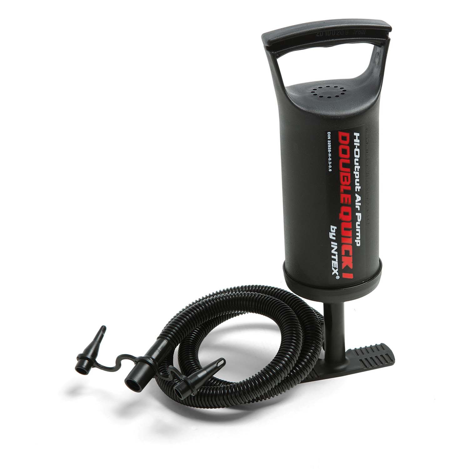 Czarna pompka powietrza Double Quick firmy Intex. Ma uchwyt, wąż i kilka dysz. Tekst na pompie brzmi DOUBLE QUICK.