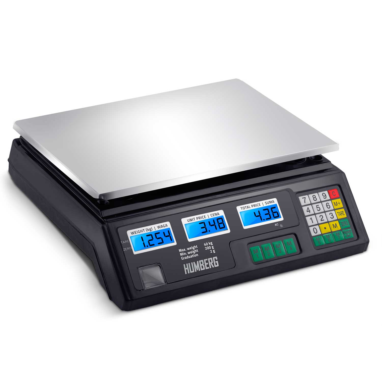 Waga cyfrowa ze srebrnym blatem i czarną podstawą. Wyświetla wagę, cenę jednostkową i cenę całkowitą. Widoczne przyciski i wyświetlacz cyfrowy.