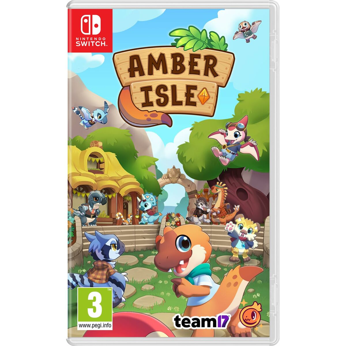 Okładka gry 'Amber Isle' z kreskówkowymi dinozaurami w tętniącym życiem krajobrazie. Zawiera logo Nintendo Switch i ocenę.