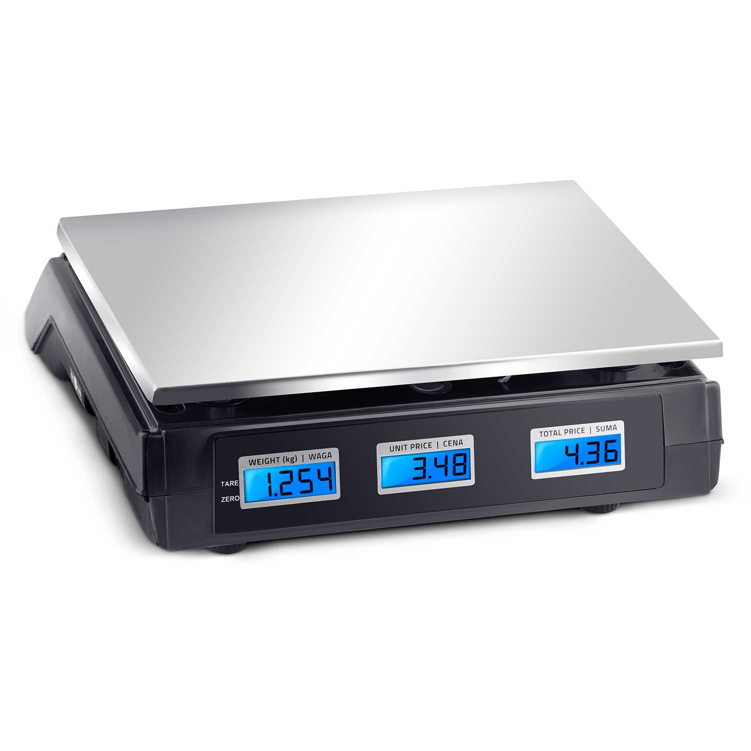 Waga cyfrowa ze srebrną platformą i czarną podstawą wyświetla wagę, cenę jednostkową i cenę całkowitą na podświetlanych na niebiesko ekranach.
