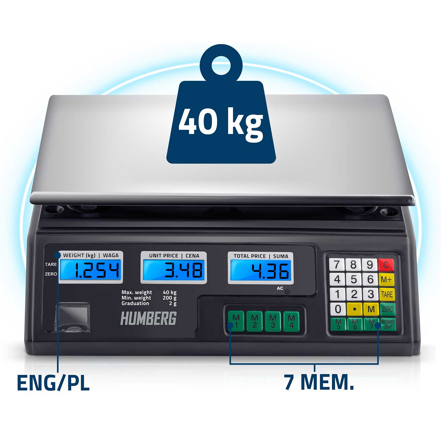Waga cyfrowa z wyświetlaczem pokazującym wagę, cenę jednostkową i cenę całkowitą. Znak wskazuje maksymalną wagę 40 kg.