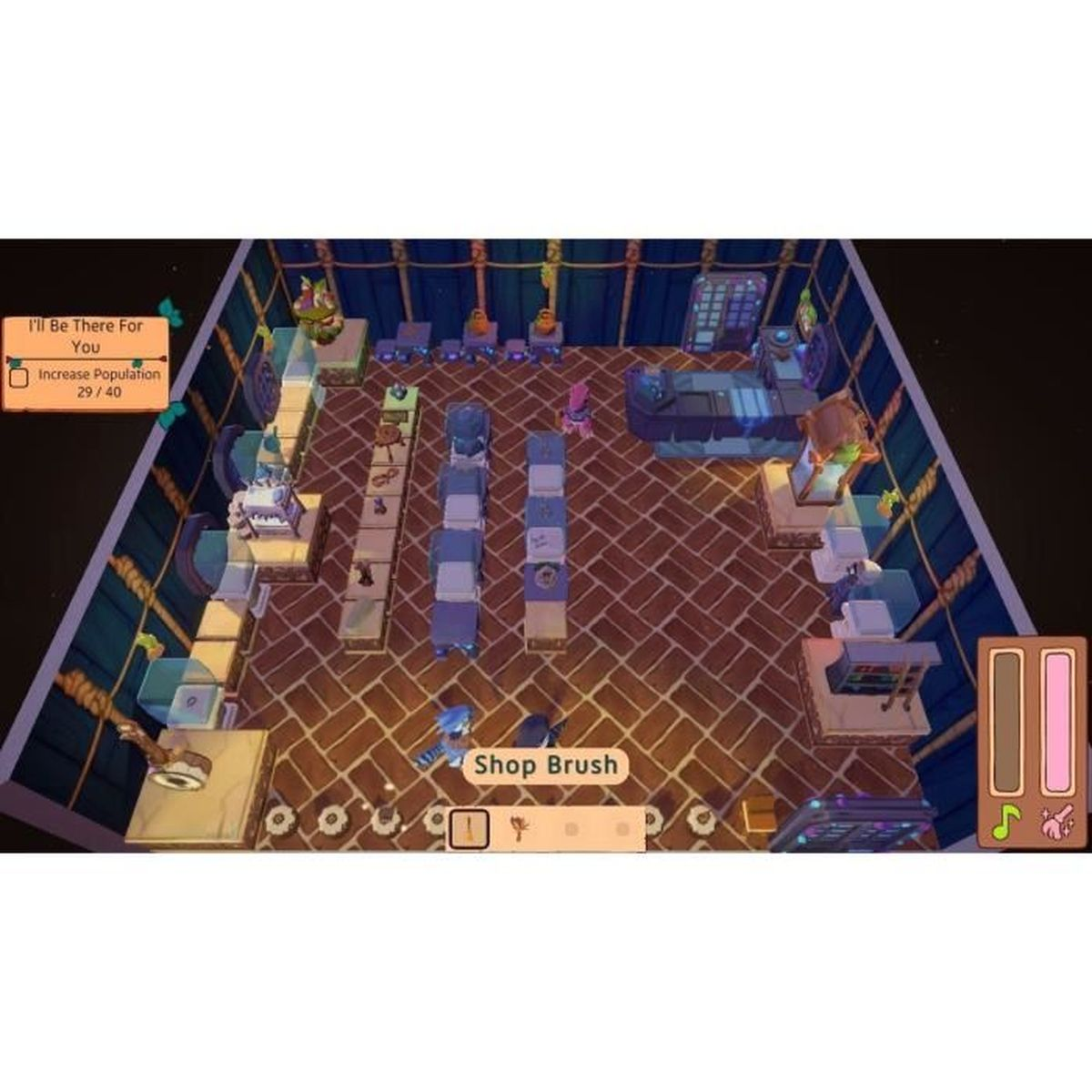 Scena gry z wnętrzem sklepu. Wyświetlane są lady, niebieskie stoły i ikona pędzla sklepowego.