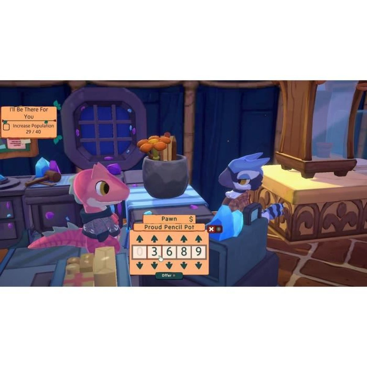 Różowy dinozaur i niebieskie stworzenie podobne do ptaka są w sklepie. Znak mówi 'Proud Pencil Pot' z numerami. Obecna jest doniczka.