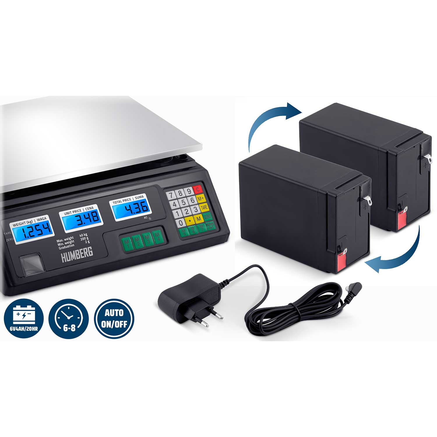Waga cyfrowa z wyświetlaczem pokazującym wagę, cenę i kalkulator. Obecne są również dwa czarne akumulatory i ładowarka.