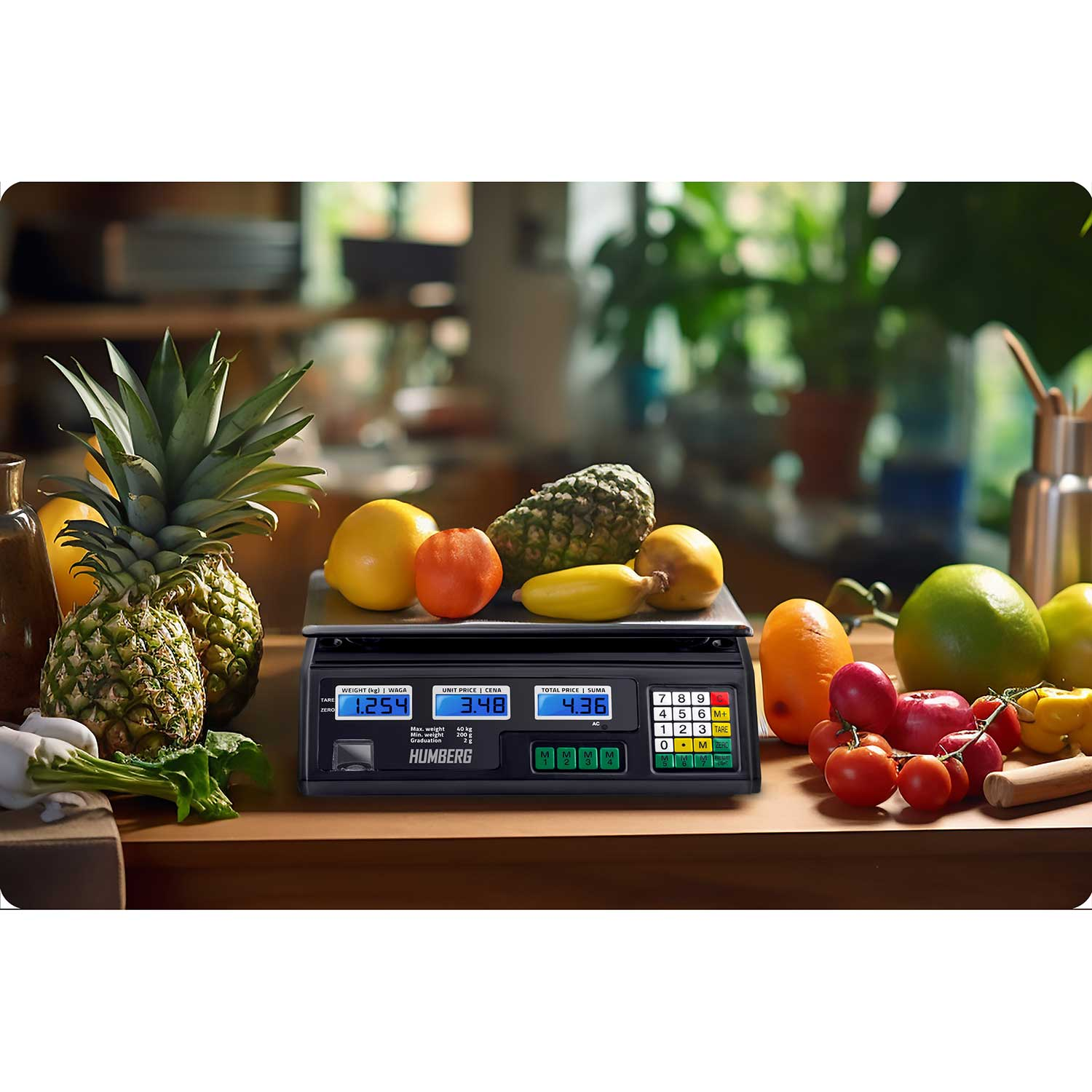 Ananasy, cytryny, pomidory i inne owoce na wadze. Waga pokazuje wagę i cenę. W tle zielone rośliny.
