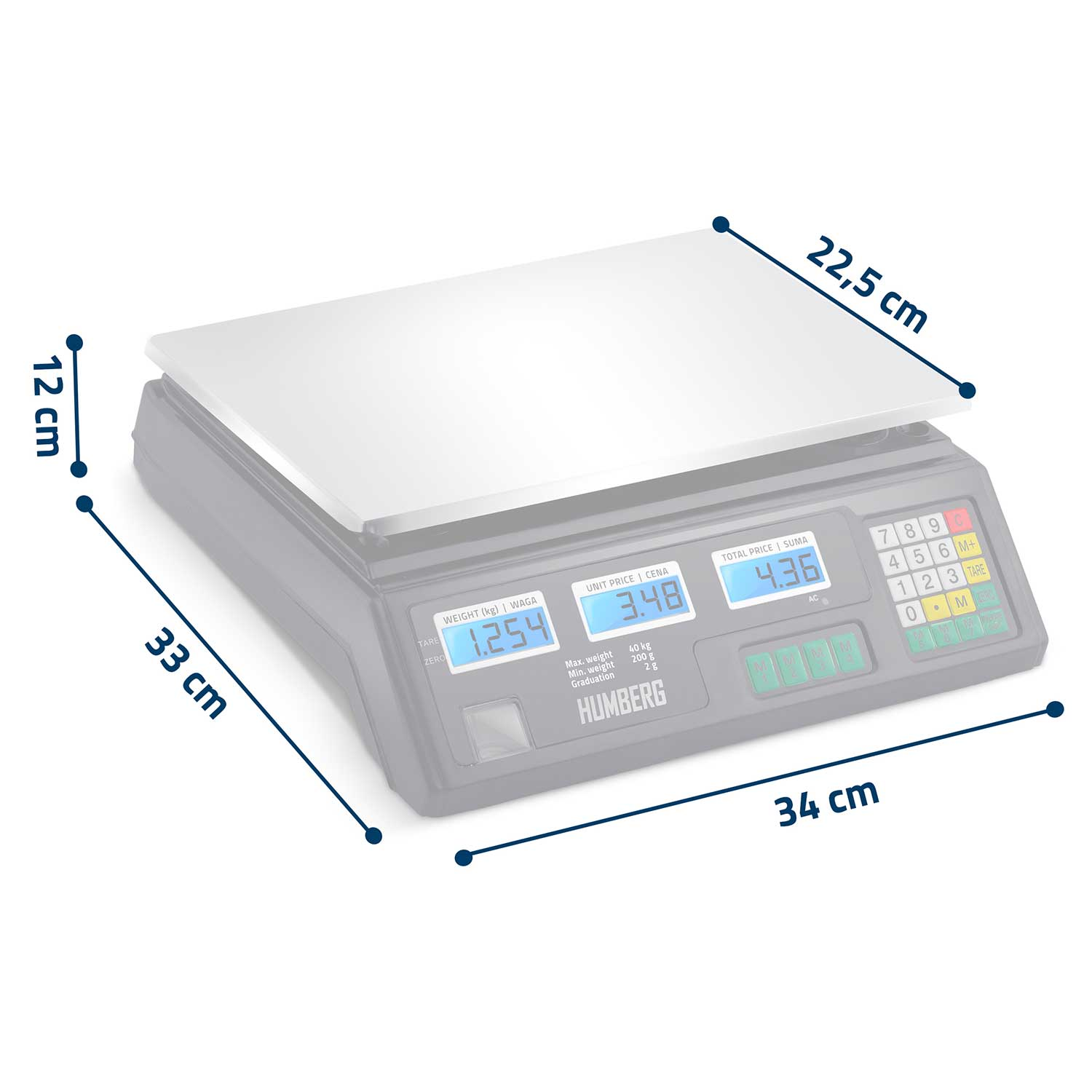 Waga cyfrowa z białą powierzchnią, wyświetlająca wagę, cenę jednostkową i cenę całkowitą. Wymiary wskazane są niebieskimi liniami.