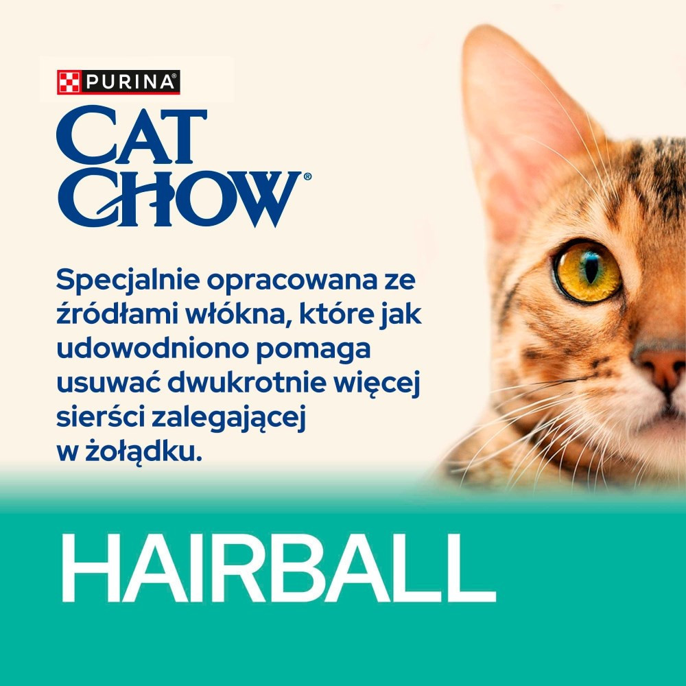 Reklama Cat Chow z kocim pyszczkiem, tekstem o kulach włosowych i szczegółami produktu. Reklama promuje usuwanie kul włosowych za pomocą błonnika.