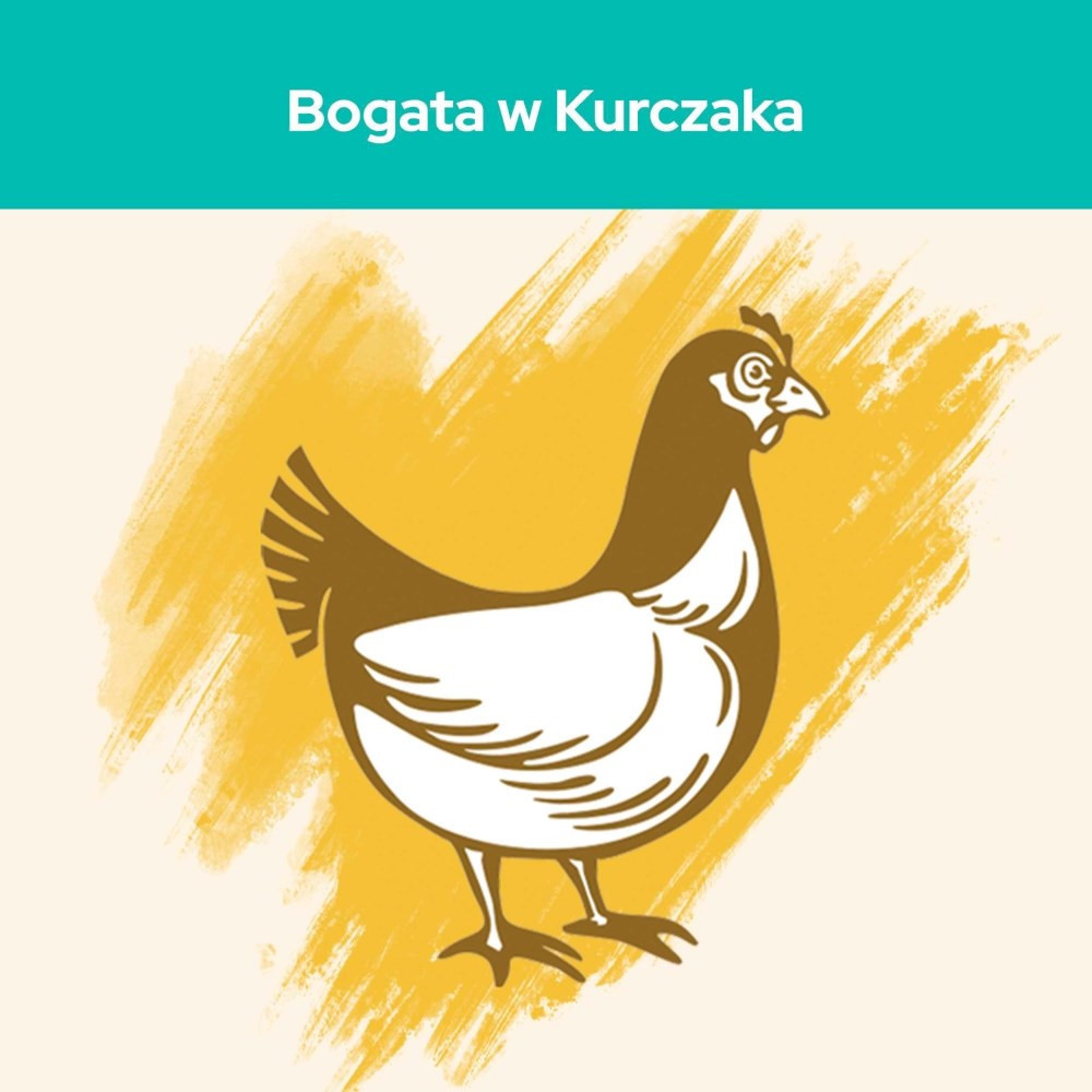 Ilustracja brązowo-białej kury. Tekst powyżej brzmi 'Bogata w Kurczaka' na turkusowym tle.