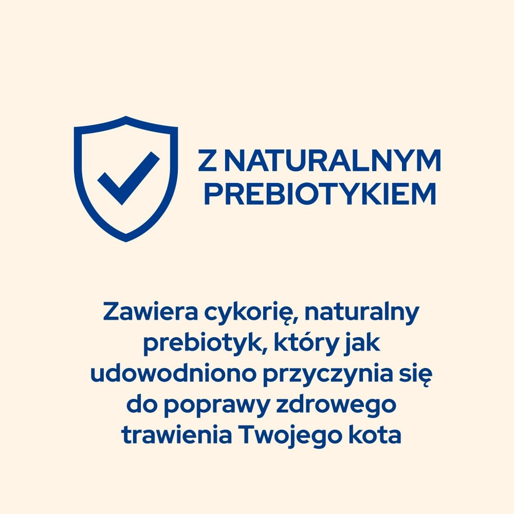 Obraz z niebieską tarczą i znakiem wyboru. Tekst: 'Z NATURALNYM PREBIOTYKIEM'. Tekst opisuje prebiotyk dla trawienia kota.
