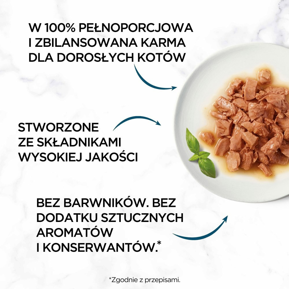 Kocia karma na białym talerzu. To mokra karma, z brązowymi kawałkami i listkiem bazylii. Tekst po polsku opisuje produkt.