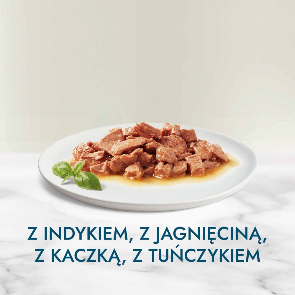 Biały talerz z gotowanym mięsem i listkiem bazylii. Tekst na dole: Z indykiem, jagnięciną, kaczką i tuńczykiem.
