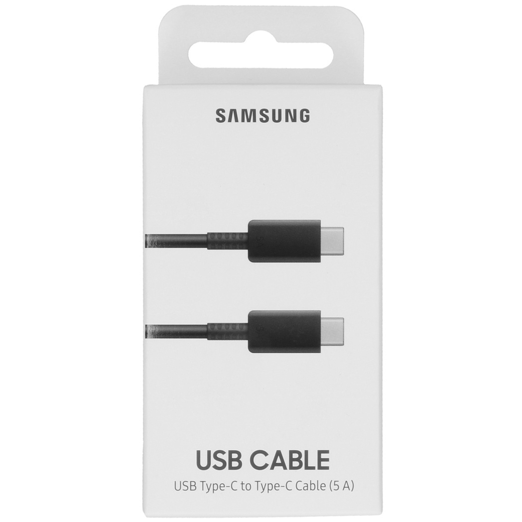 Una caja blanca de cable USB Samsung. Dentro hay dos cables USB-C negros. La caja dice 'USB CABLE' y 'USB Type-C to Type-C Cable'.