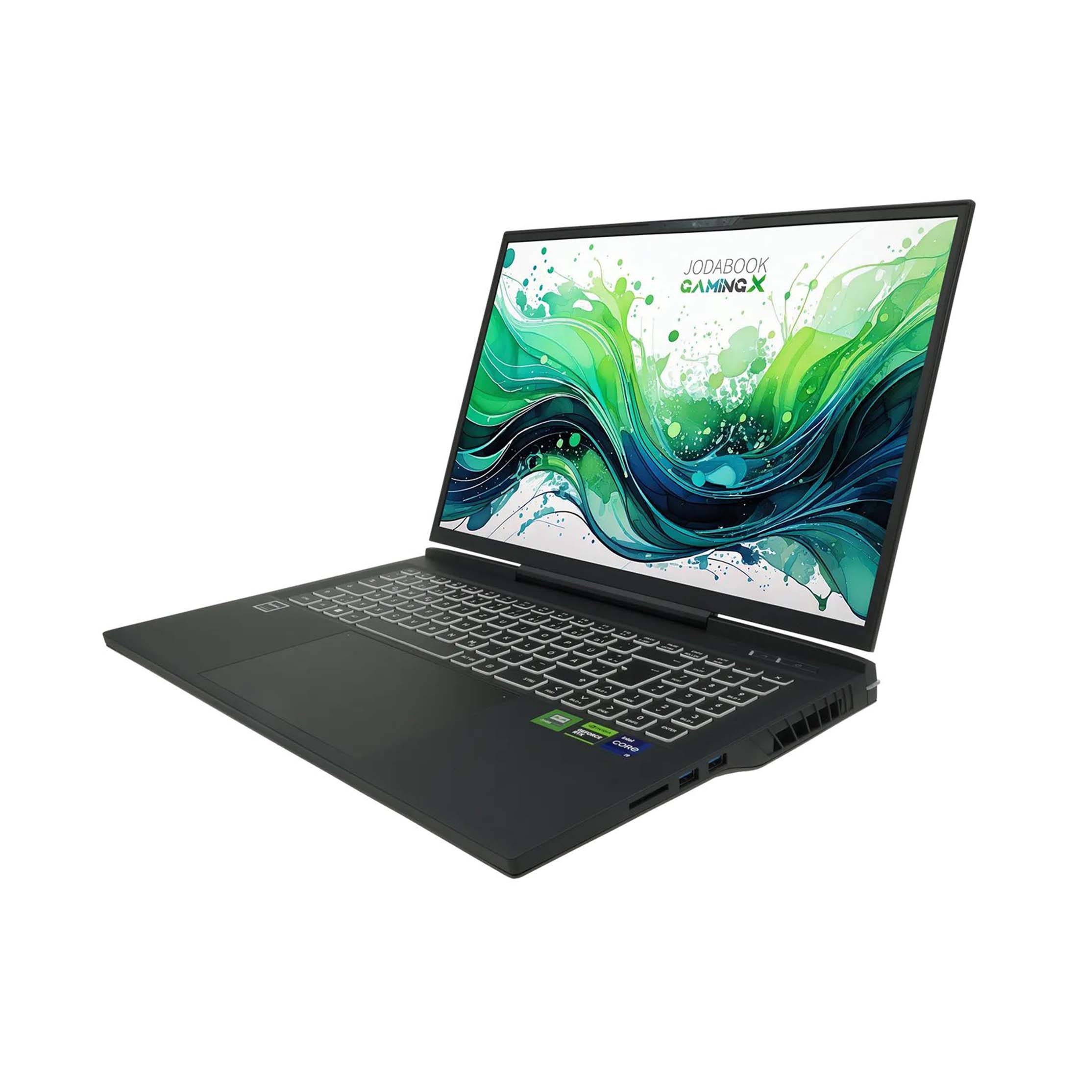 Ein schwarzer Laptop wird in einem Winkel angezeigt. Der Bildschirm zeigt ein grün-weißes Design. Die Tastatur ist sichtbar.