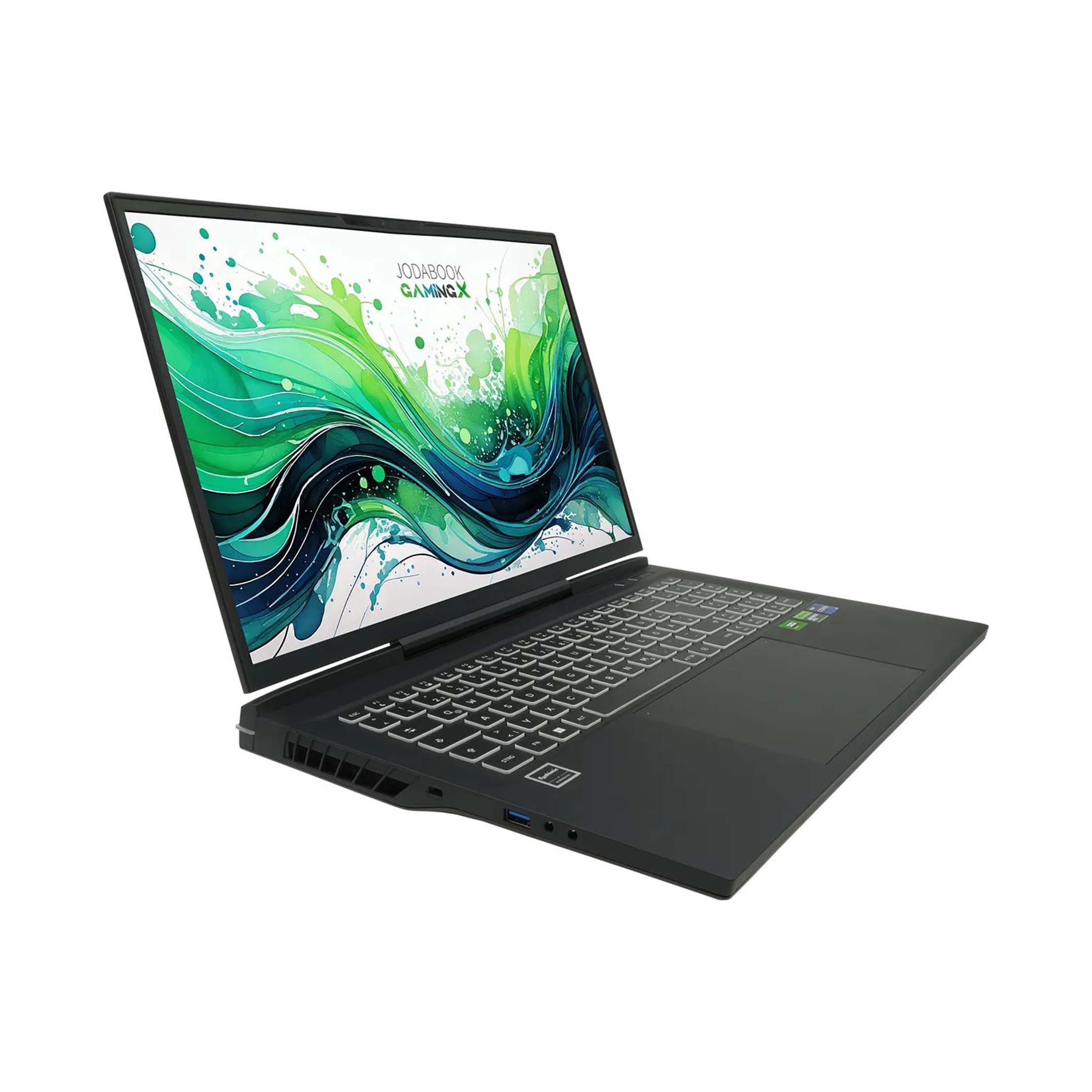 Ein schwarzer Laptop ist geöffnet und zeigt ein grünes und blaues Spritzdesign. Die Tastatur ist sichtbar, und der Bildschirm zeigt ein Logo.