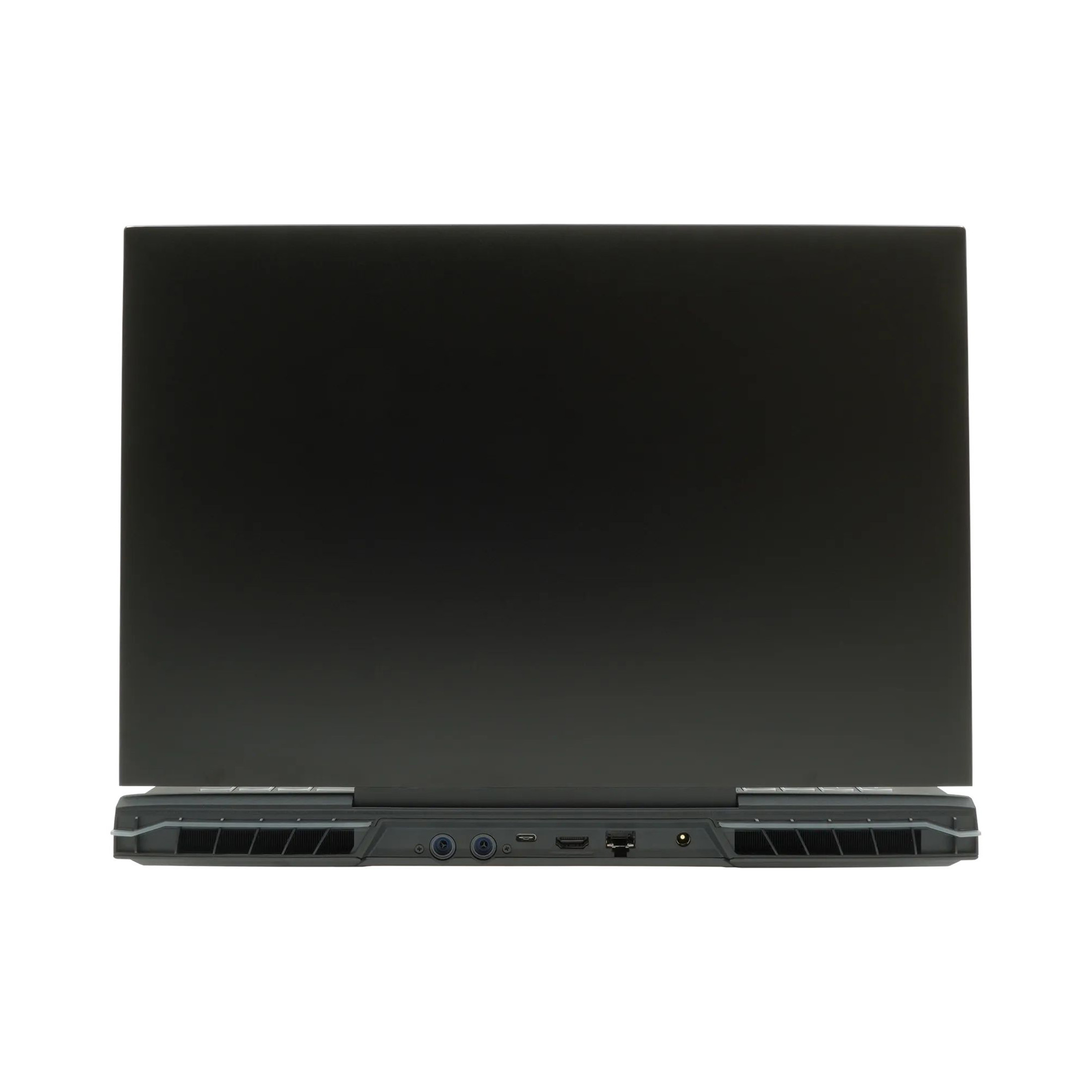 Rückansicht eines schwarzen Laptops auf weißem Untergrund. Unten sind Anschlüsse und Lüfter sichtbar. Der Bildschirm ist geschlossen.