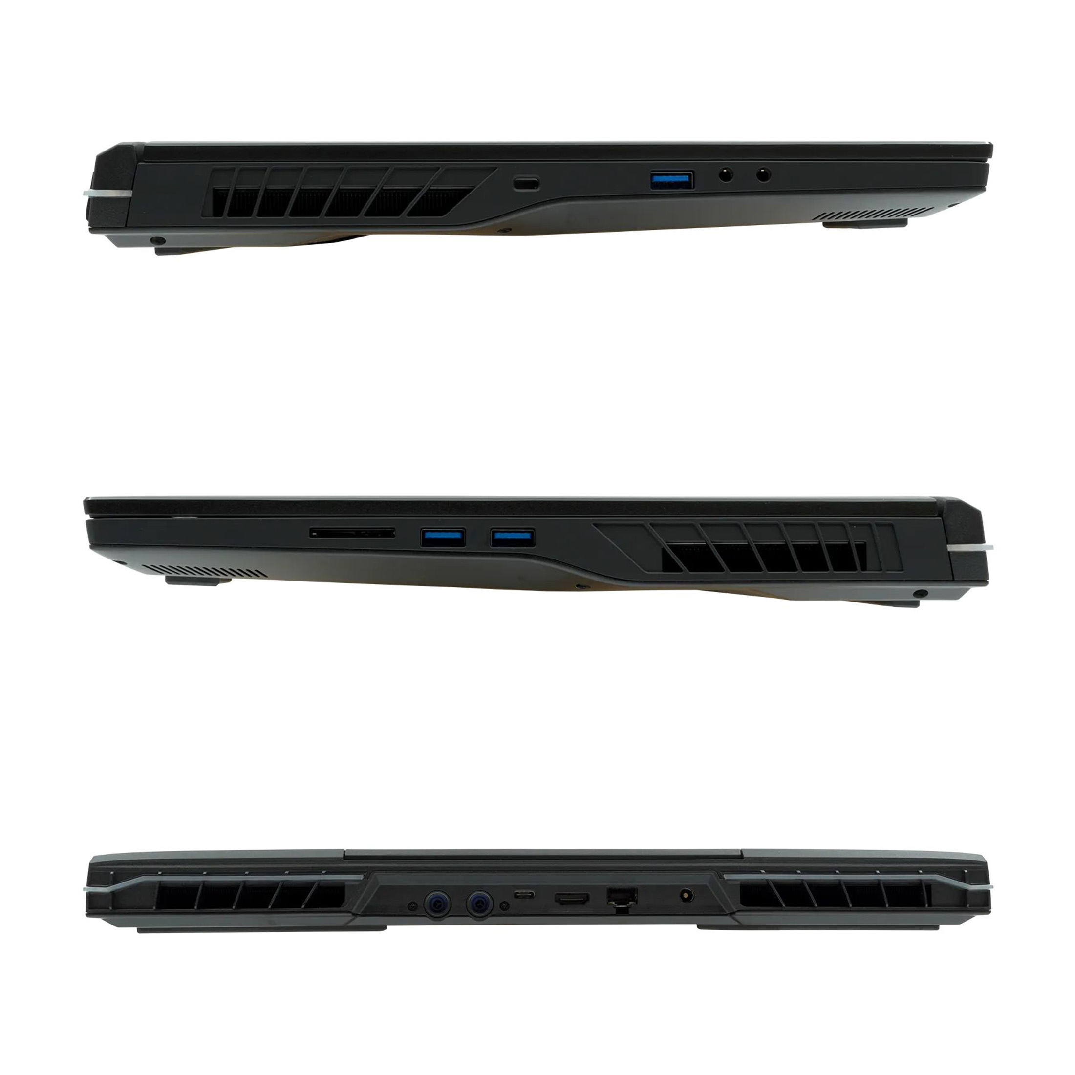 Drei Ansichten eines schwarzen Laptops. Seiten-, Seiten- und Unteransicht. Anschlüsse, Lüftungsschlitze und Kanten auf weißem Hintergrund.