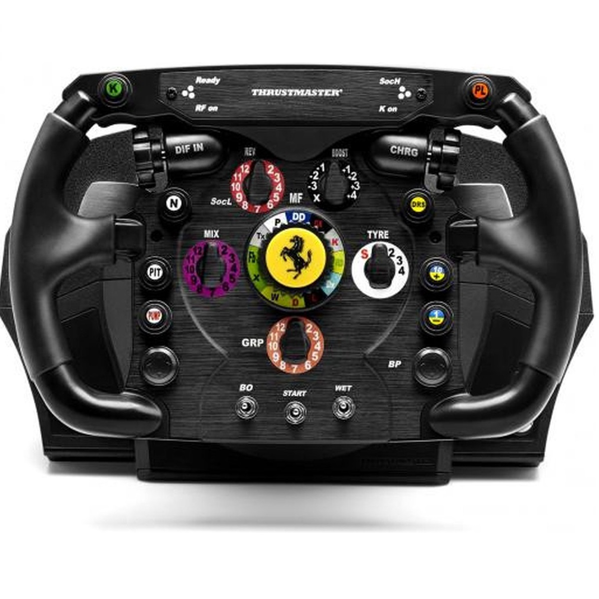 Een zwart racestuur met knoppen, wijzerplaten en een Ferrari-logo. Het stuur heeft handgrepen en een display.