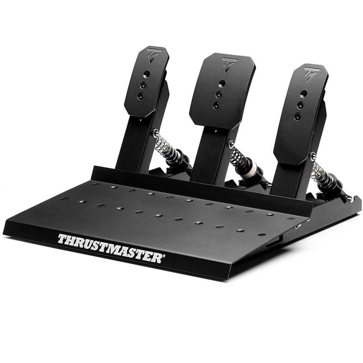 Zwarte Thrustmaster racepedalen op witte achtergrond. Drie pedalen met veren, op een basis met het Thrustmaster-logo.